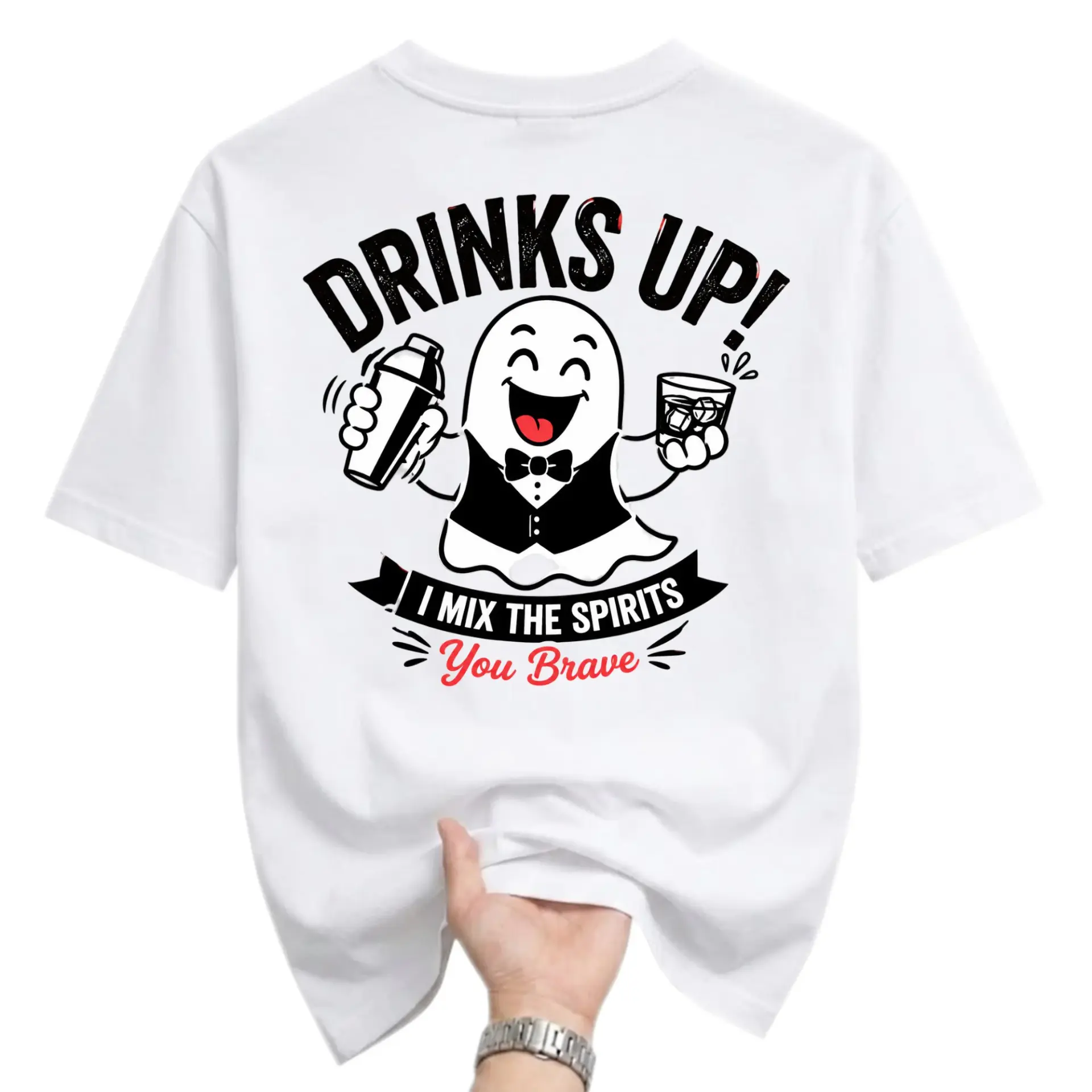 Funny Shirt Drinks up I Mix the Spirits You Brave Ghost Graphic Printed Unisex Crew Neck Casual Everyday Fashion Tee