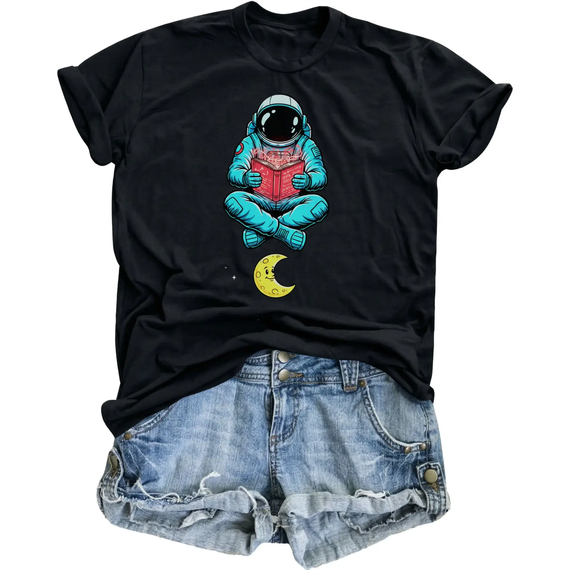 Graphic Tee Unisex Astronaut Reading Book in Space Design Casual Cotton Crew Neck Short Sleeve Soft Comfortable Shirt