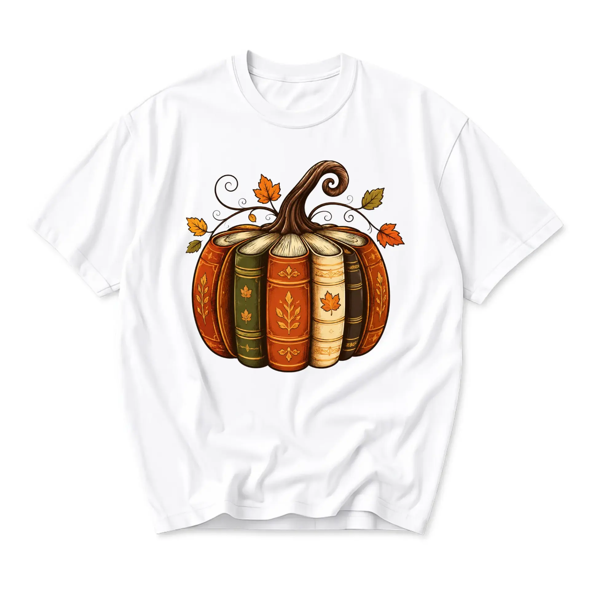 Graphic Tee Pumpkin Made of Books Autumn Inspired Unisex Crew Neck Short Sleeve Casual Shirt for Book Lovers and Readers