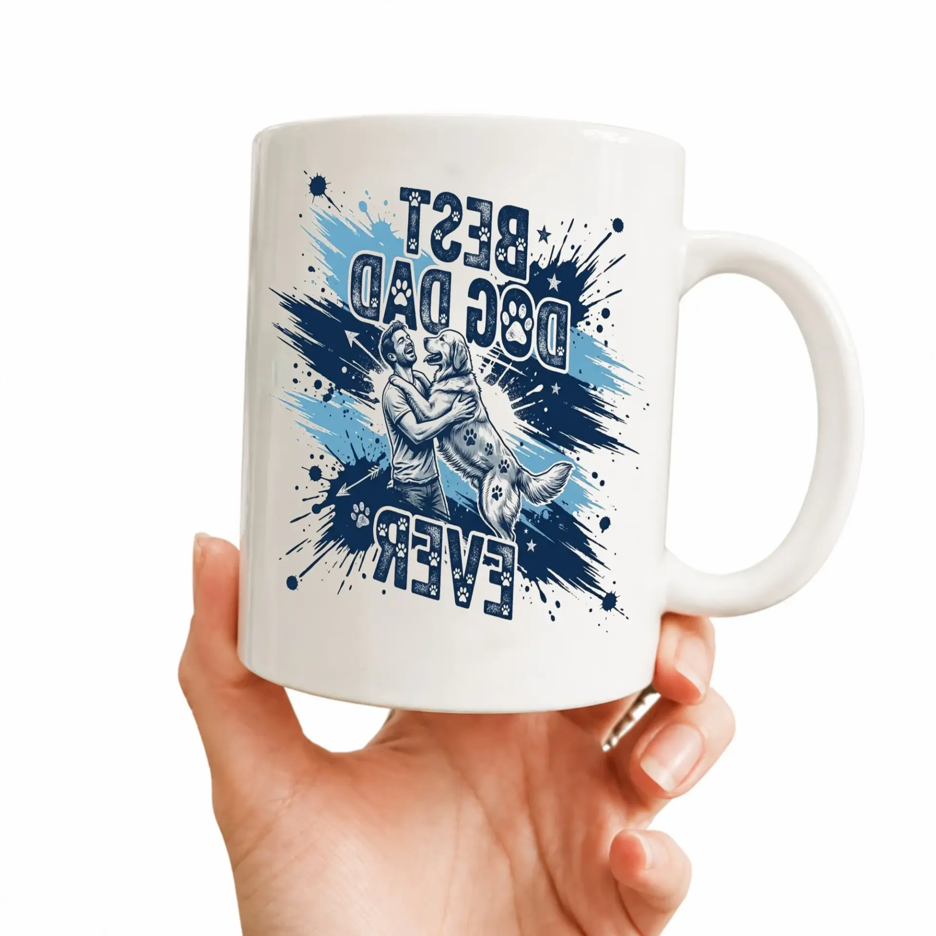 Best Dog Dad Ever Ceramic Coffee Mug with Blue Handle and Rim Design for Pet Owners Lovers Morning Drinkware