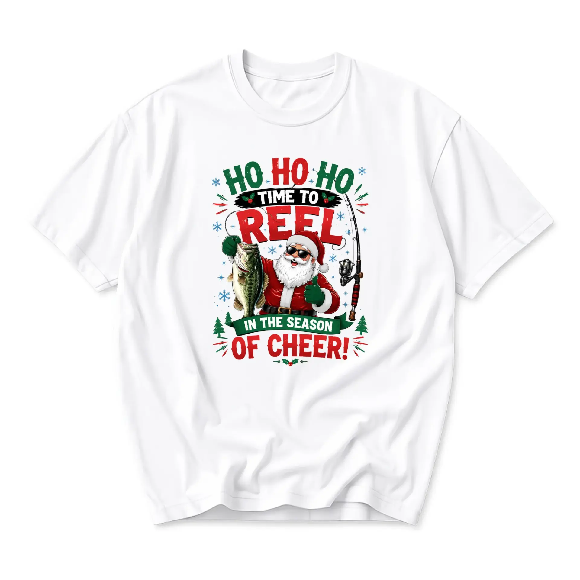 Funny Shirt to Reel in the Season of Cheer Graphic Tee Holiday Fishing Themed Unisex Casual Crew Neck