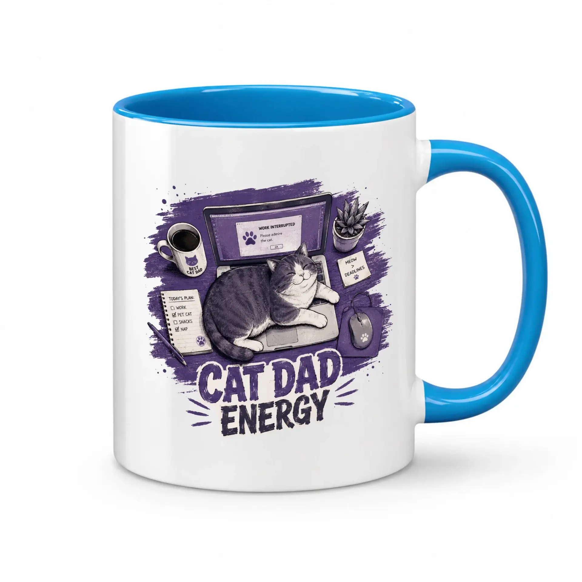 Cat Dad Energy Coffee Mug Funny Office Desk Ceramic Cup Featuring a Sleeping Pet Owner Novelty Drinkware Gift