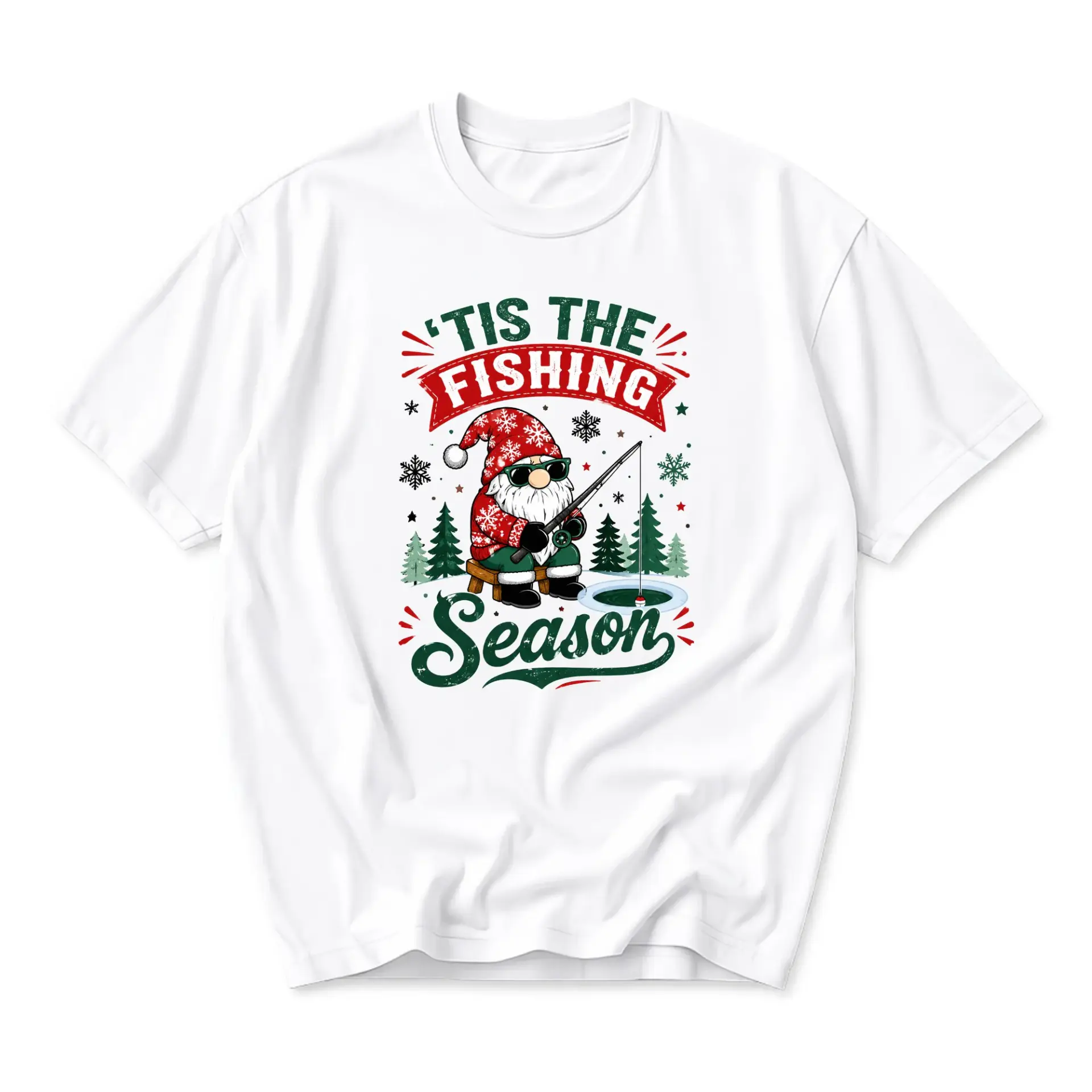 Funny Shirt Tis the Fishing Season Graphic Tee Holiday Humor Casual Crew Neck Unisex Cotton Blend Apparel White