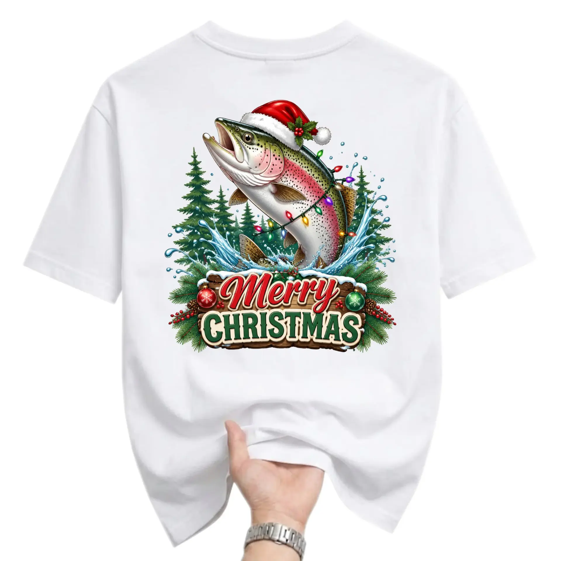 Graphic Tee Merry Christmas Fishing Trout Holiday Shirt Unisex Short Sleeve Crew Neck Seasonal Apparel White