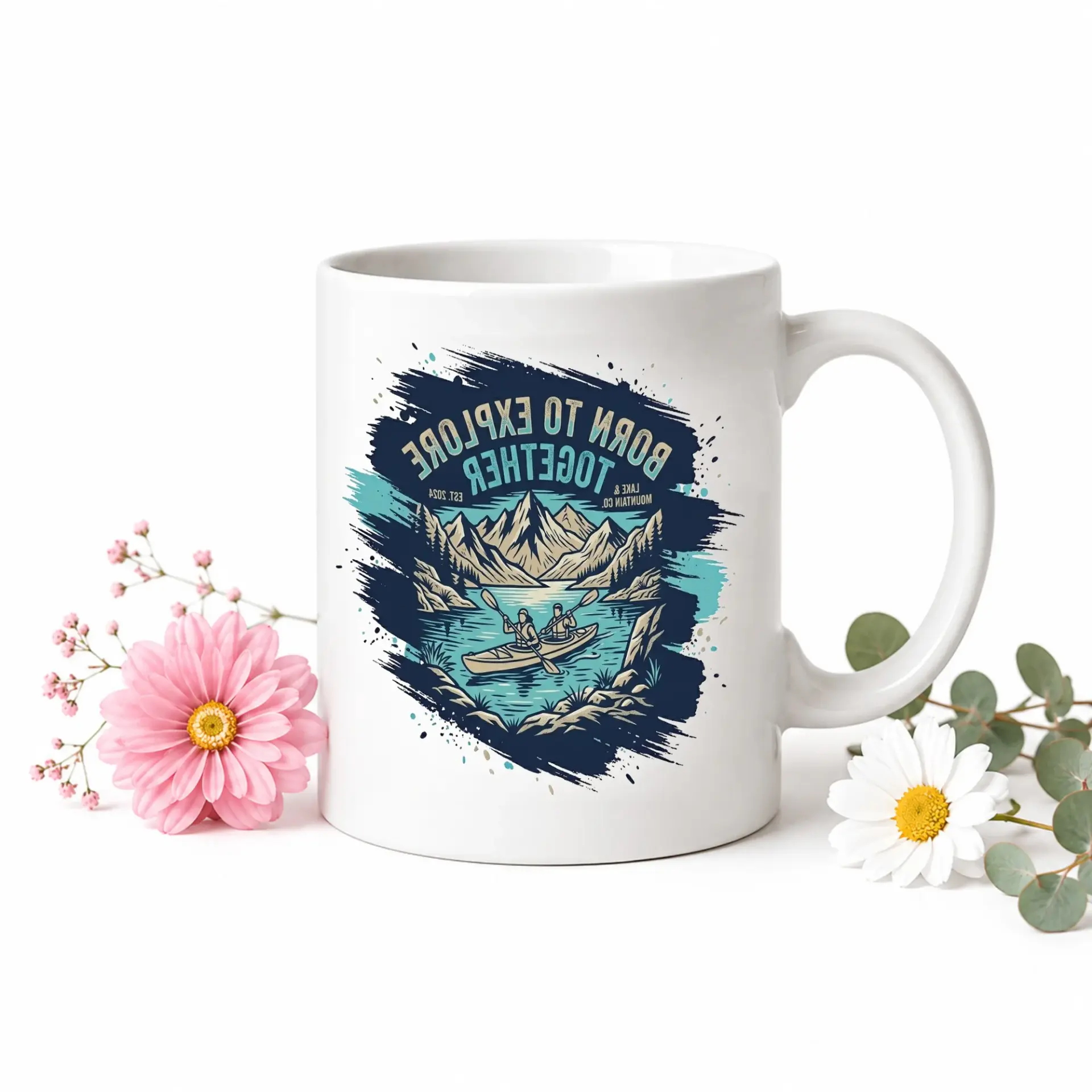 Adventurous Kayaking Themed Ceramic Coffee Mug Featuring Mountain Lake Scenery and Nature Inspired Graphic Design