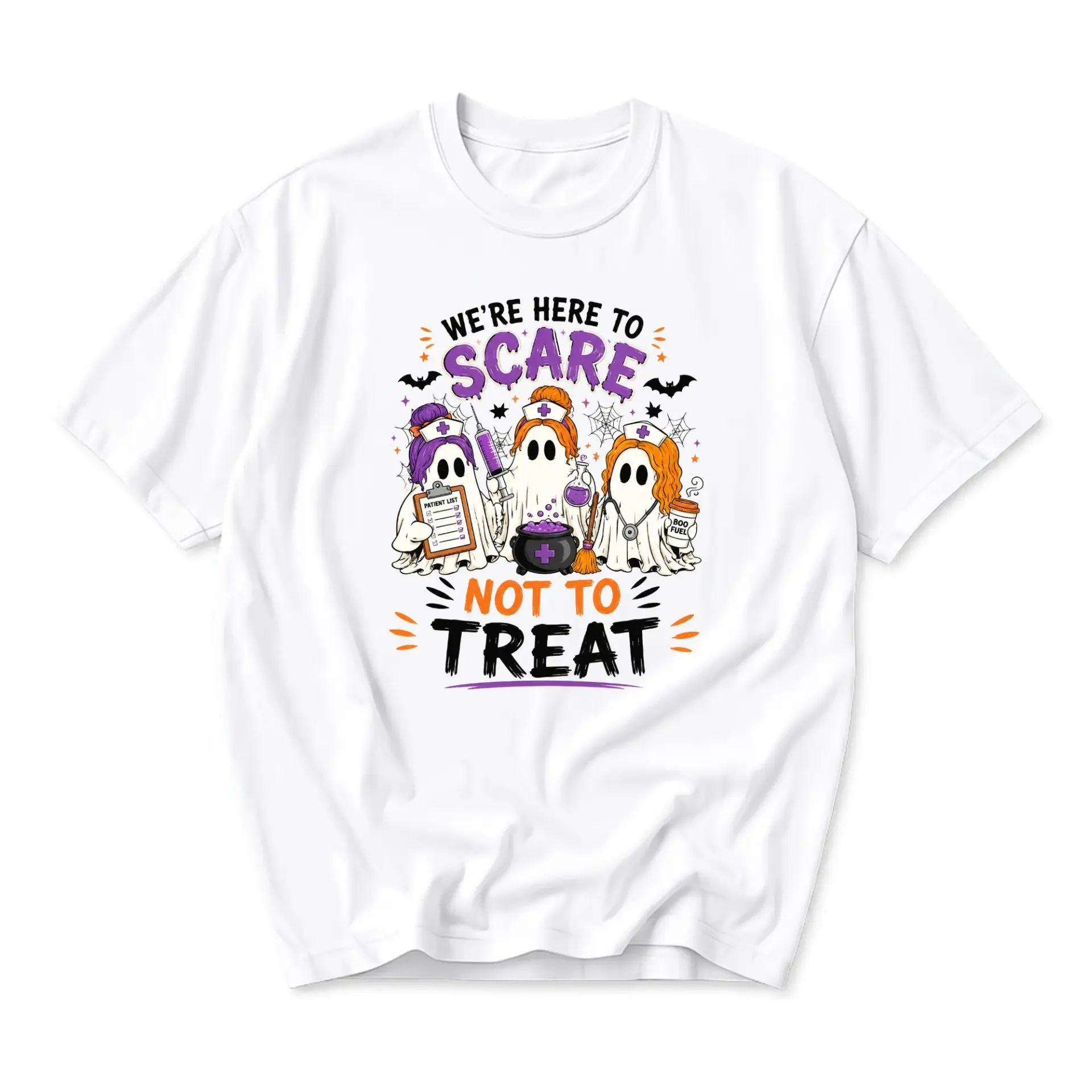 Funny Shirt We Are Here to Scare Not to Treat Halloween Ghost Nurse Graphic Printed Unisex Crew Neck T-Shirt