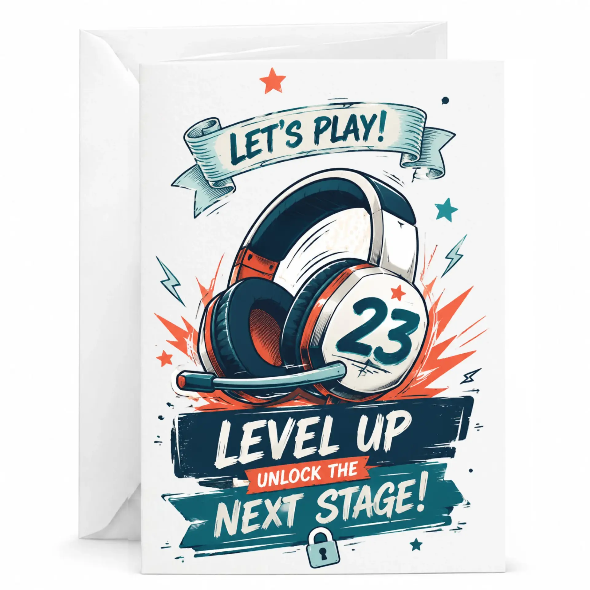 Birthday Card Level up Video Game Theme Featuring Number 23 Gaming Headset Design Premium 5x7 Folded Greeting Card