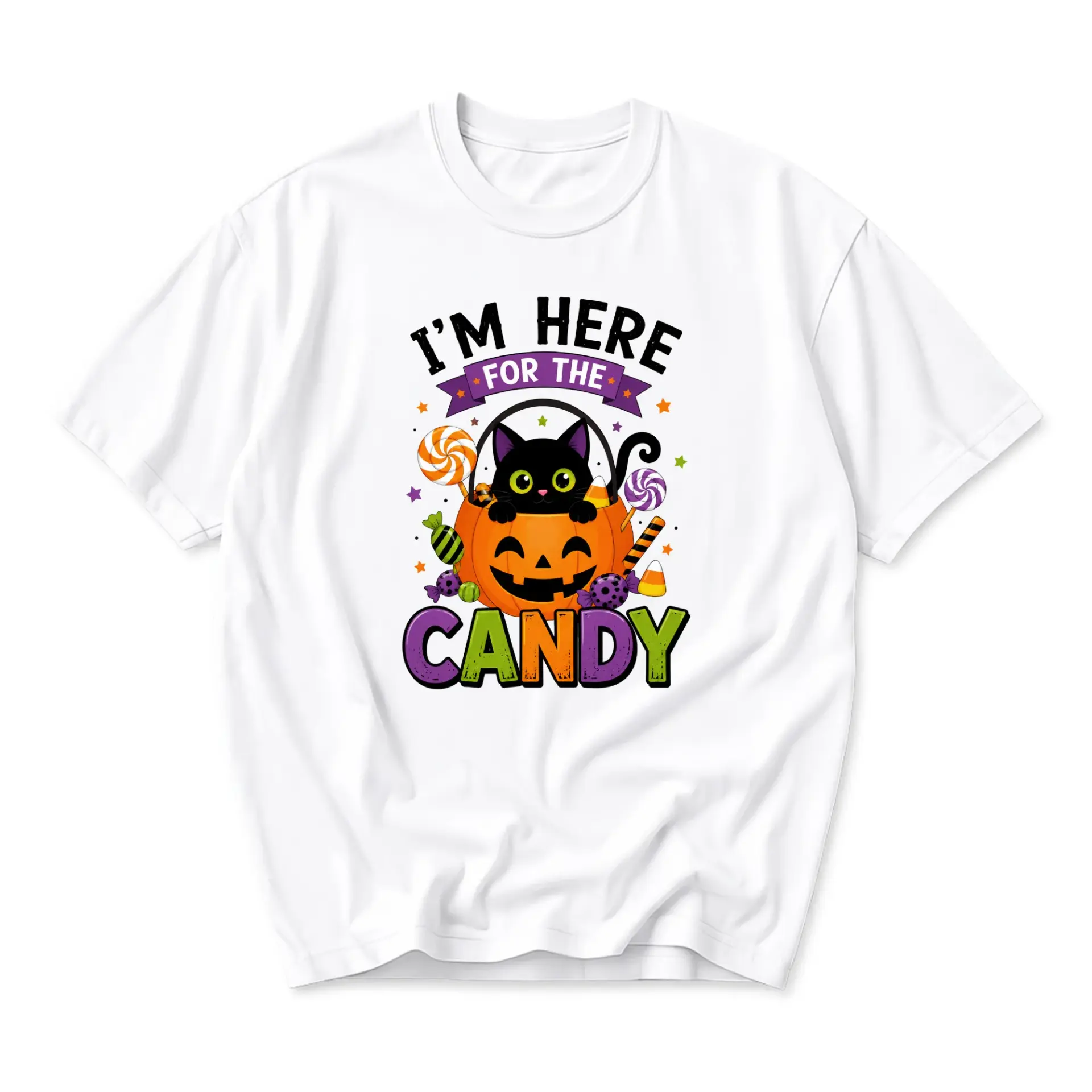 Funny Shirt I'm Here for the Candy Black Cat Pumpkin Graphic Tee Unisex Casual Apparel Halloween Party Clothing