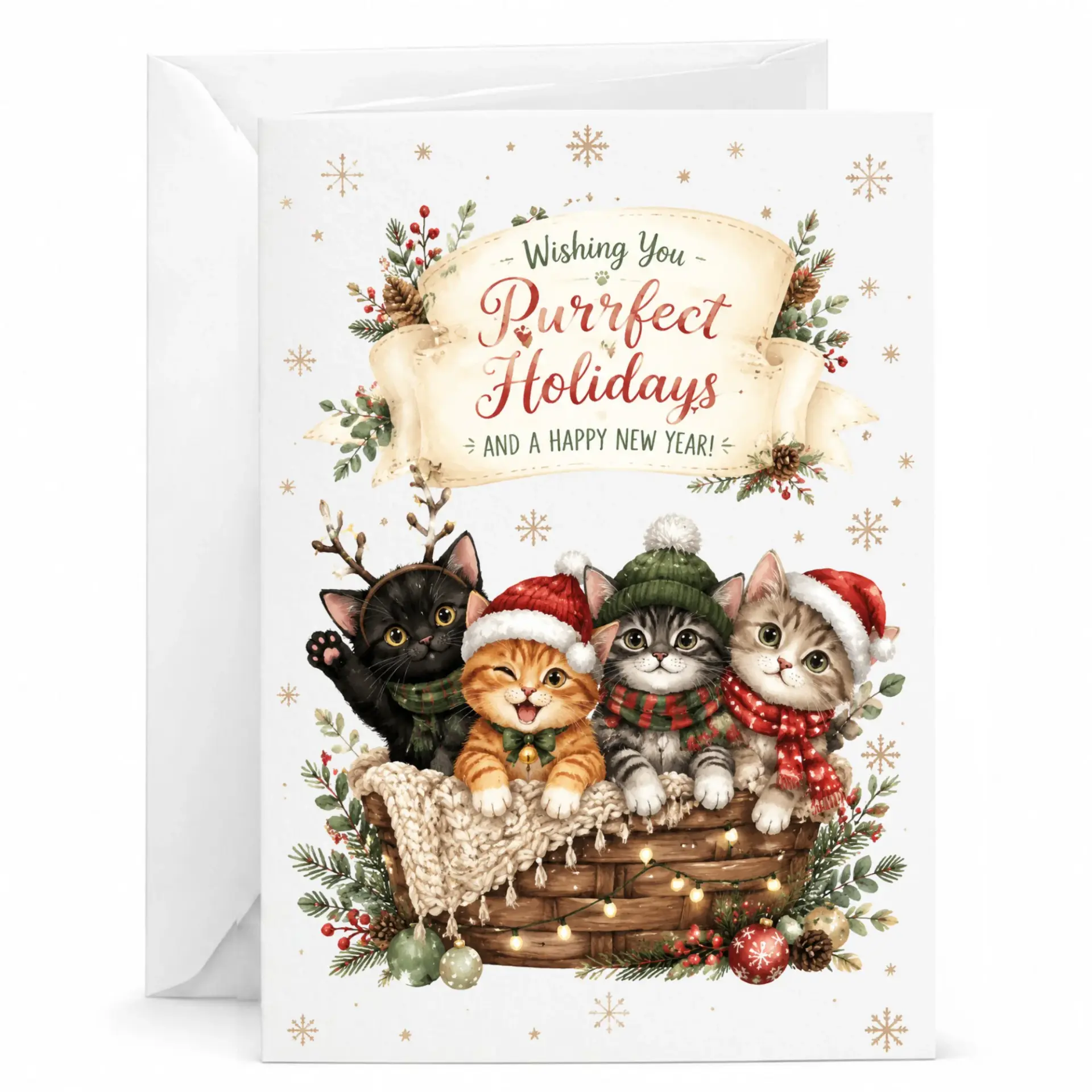 Funny Cat Holiday Greeting Card Wishing You Purrfect Holidays with Cute Kittens in Festive Winter Wear