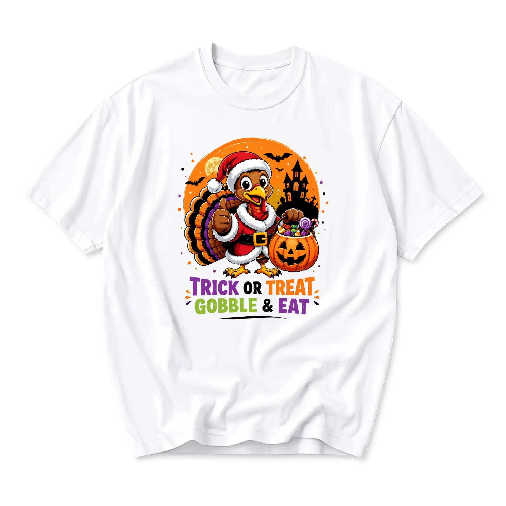 Funny Shirt Trick or Treat Gobble and Eat Graphic Tee Featuring a Festive Holiday Turkey Wearing a Santa Hat Outfit