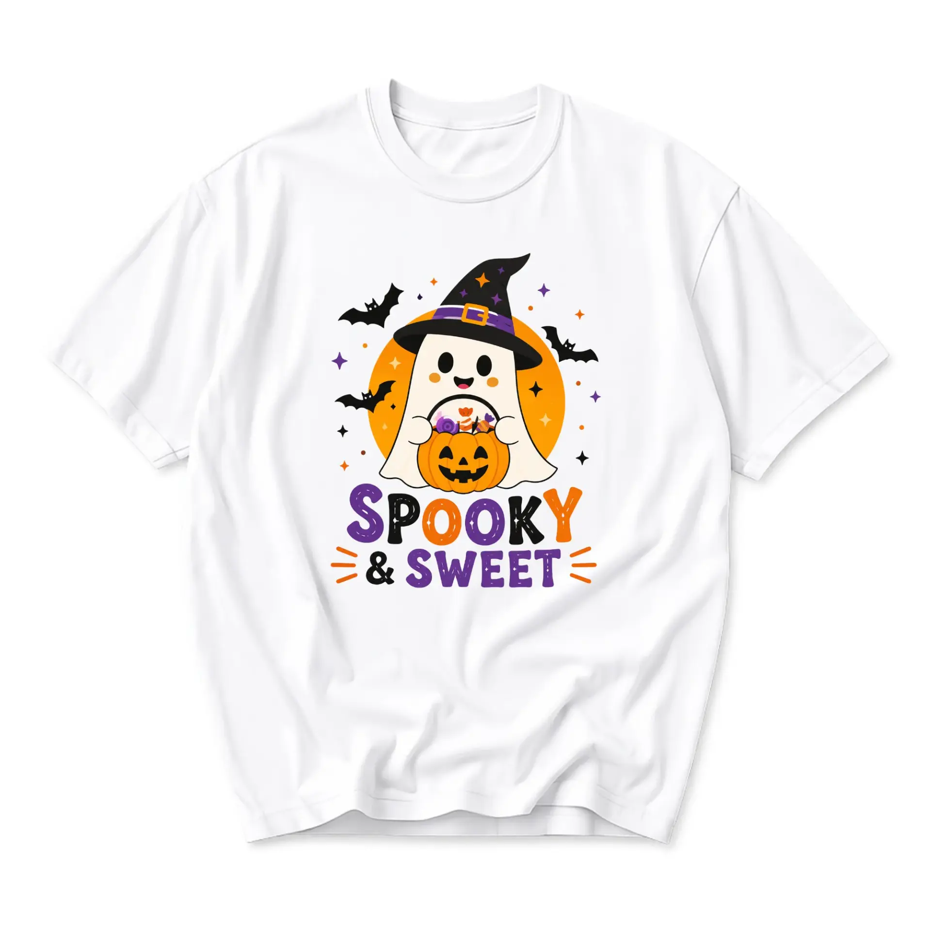 Graphic Tee Spooky and Sweet Halloween Ghost T-Shirt Unisex Crew Neck Casual Cotton Blend Apparel for Fall Season