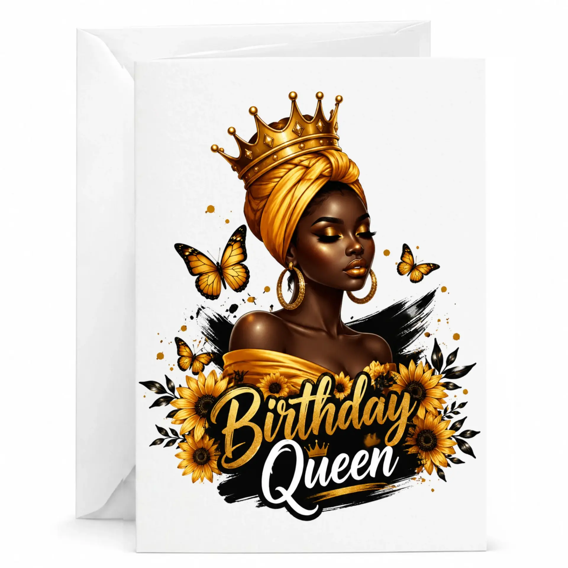 Birthday Queen Greeting Card for Her, Elegant Gold Crown and Sunflower Illustration, 5x7 Folded Note Card