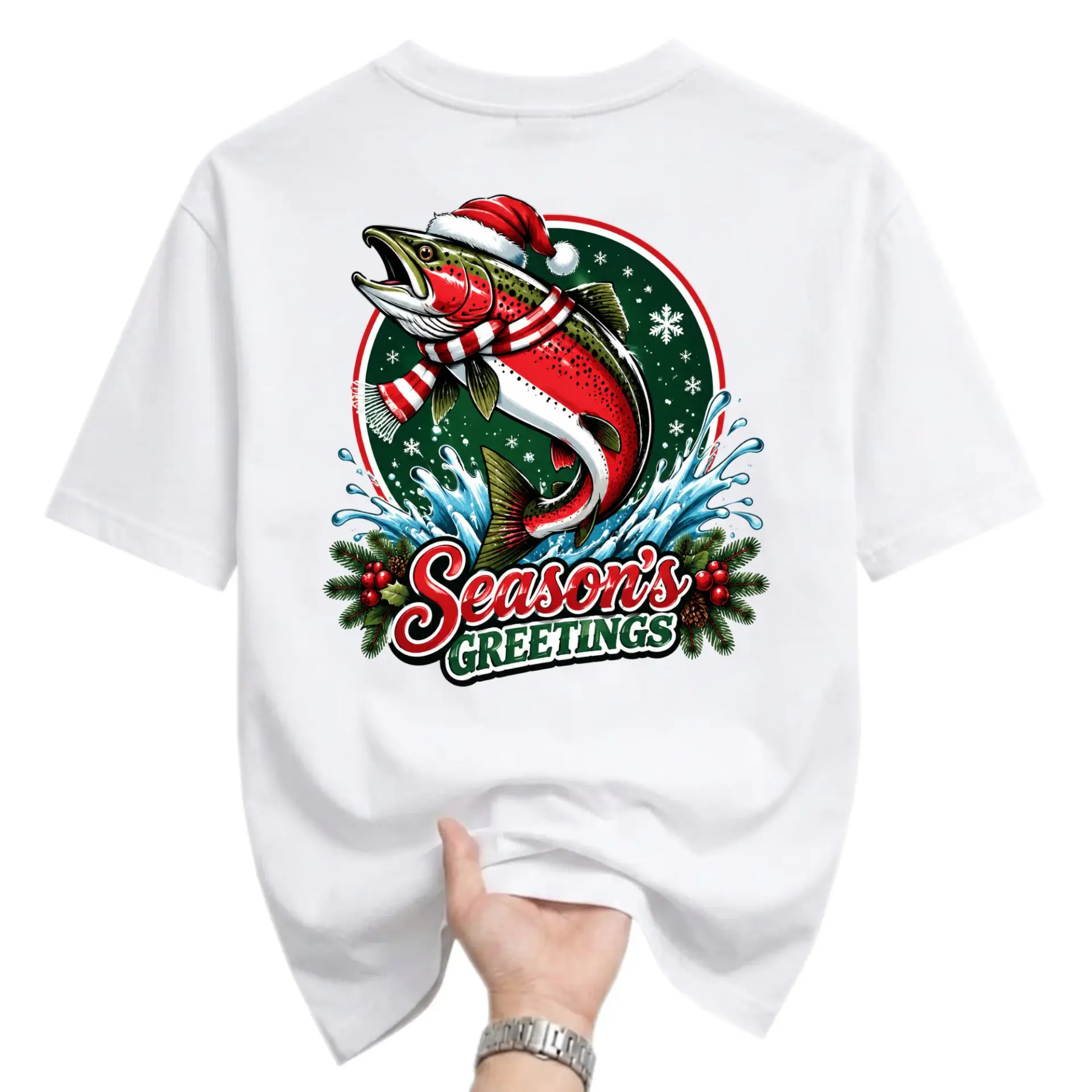 Funny Shirt Season Greetings Fishing Lover Holiday Gift Unisex Graphic Printed T-Shirt White Crew Neck Casual Tee