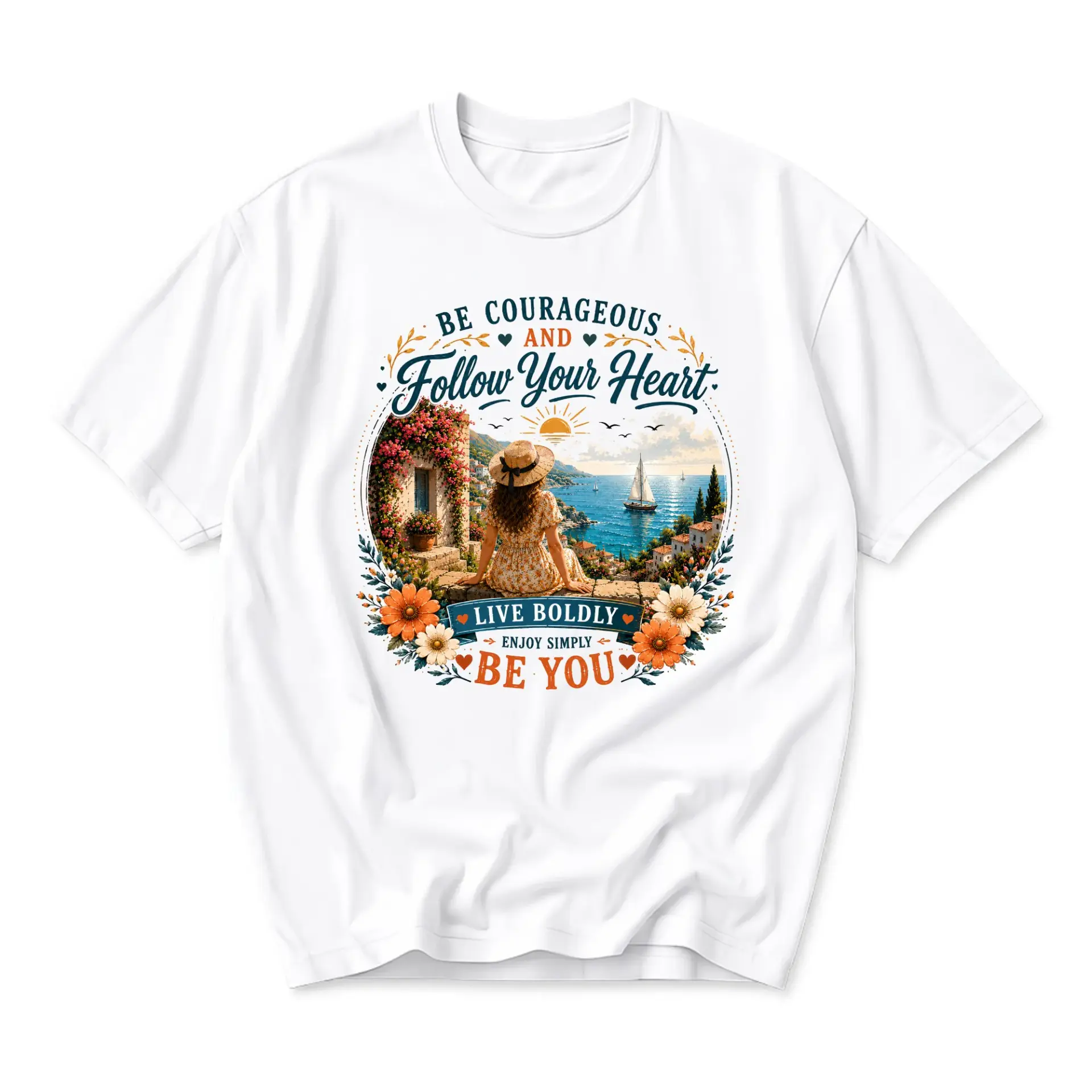 Graphic Tee Be Courageous and Follow Your Heart Inspirational Floral Coastal Landscape Unisex Crew Neck Shirt