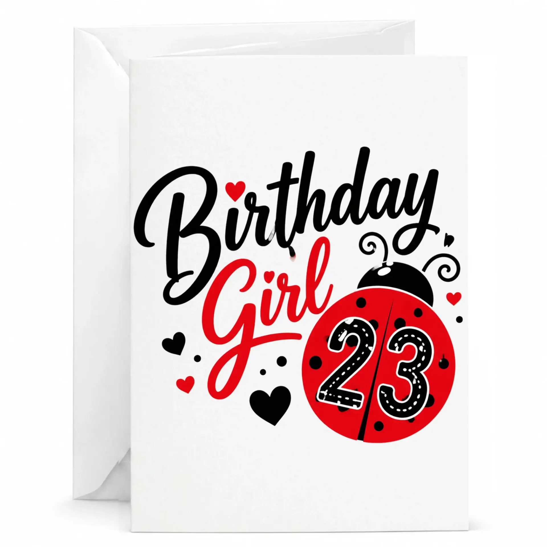 Birthday Card Birthday Girl 23 Featuring Cute Ladybug Illustration with Red and Black Heart Accents for Milestone Party