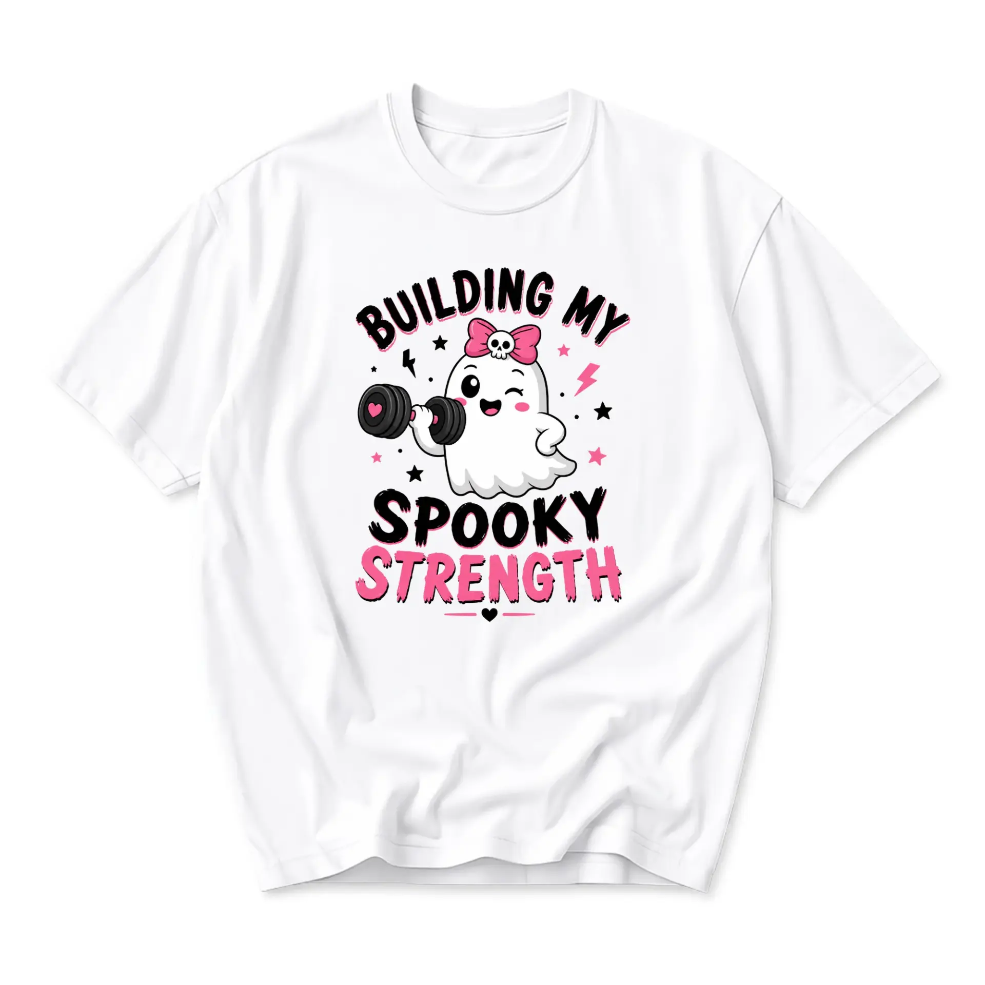 Graphic Tee Building My Spooky Strength Funny Workout T-Shirt Unisex Crew Neck Casual Everyday Fitness Apparel White