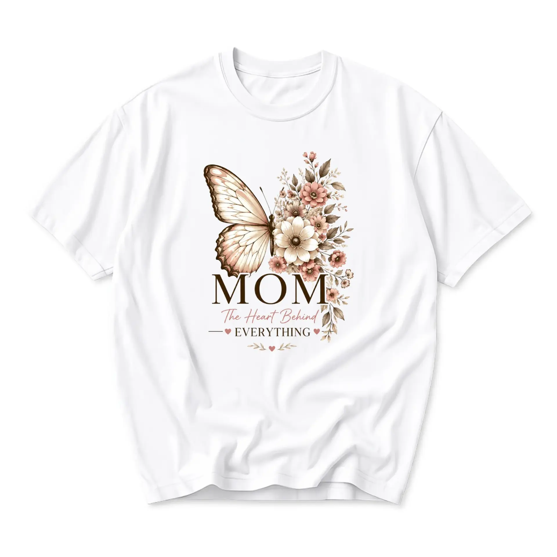 Graphic Tee Mom the Heart Behind Everything Floral Butterfly Design Unisex Crew Neck Short Sleeve Casual Shirt