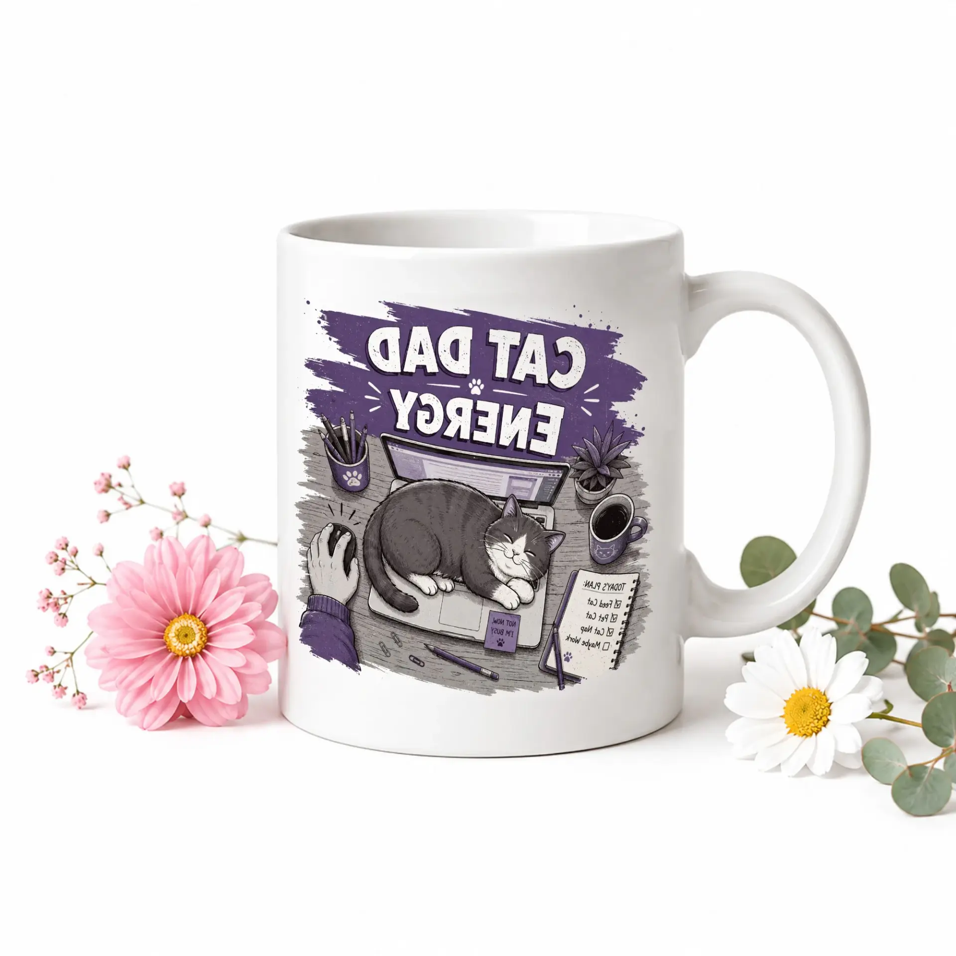 Funny Cat Dad Energy Coffee Mug with Cute Pet Illustration and Blue Handle for Lovers Office Desk Decor