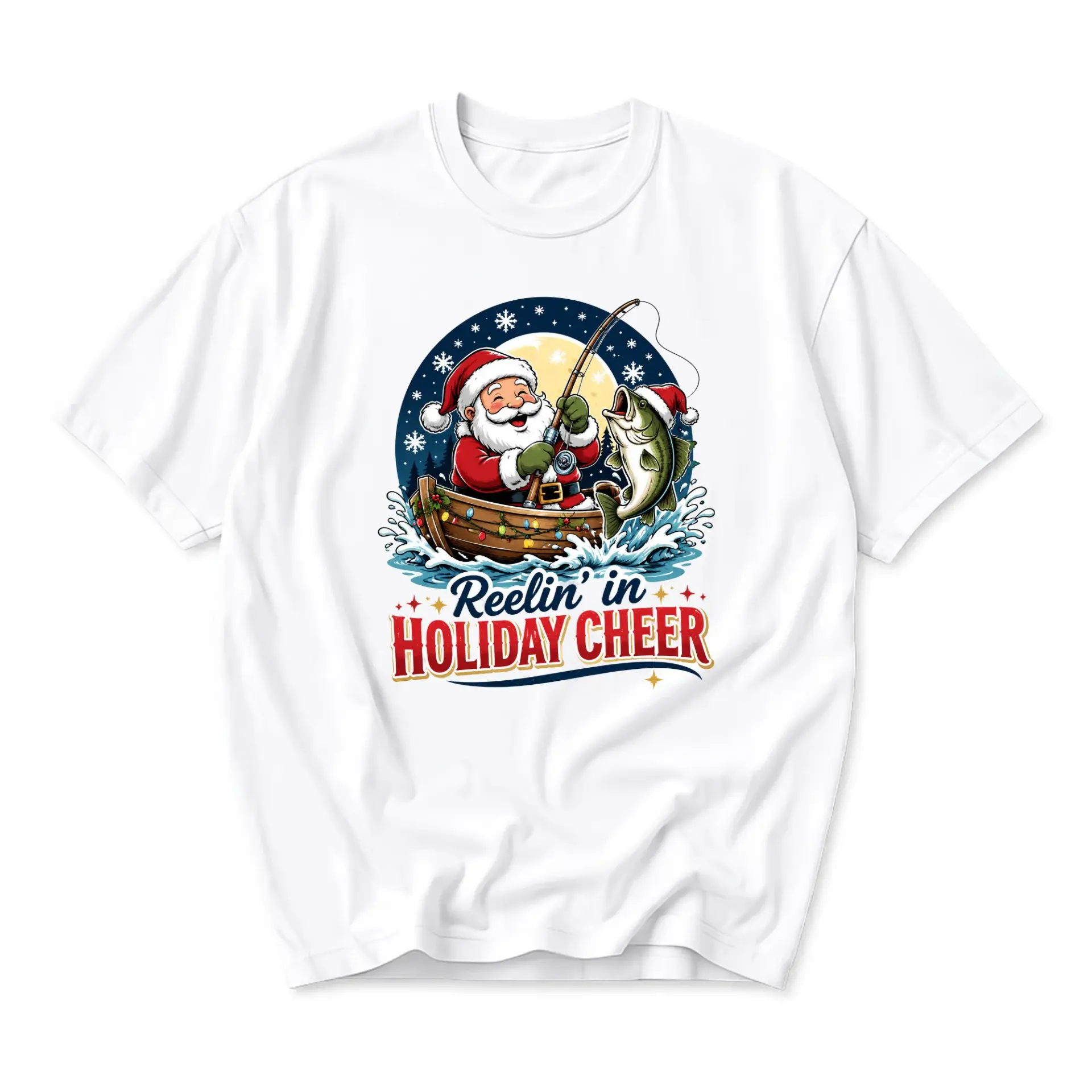 Funny Shirt Reelin in Holiday Cheer Christmas Fishing Graphic Tee Unisex Short Sleeve Crew Neck Seasonal Apparel