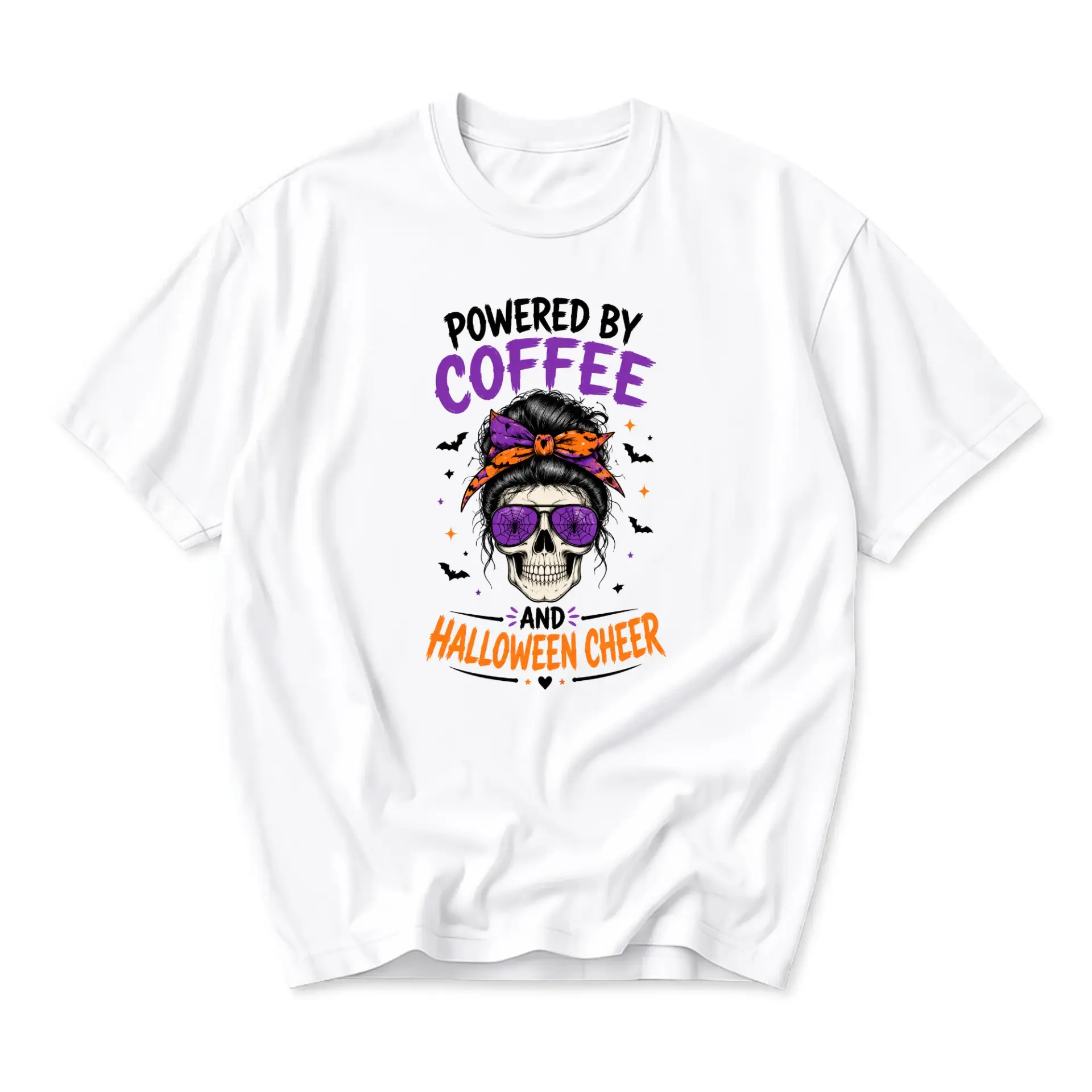 Funny Shirt Powered by Coffee and Halloween Cheer Graphic Tee Unisex Crew Neck Casual Cotton Blend Apparel