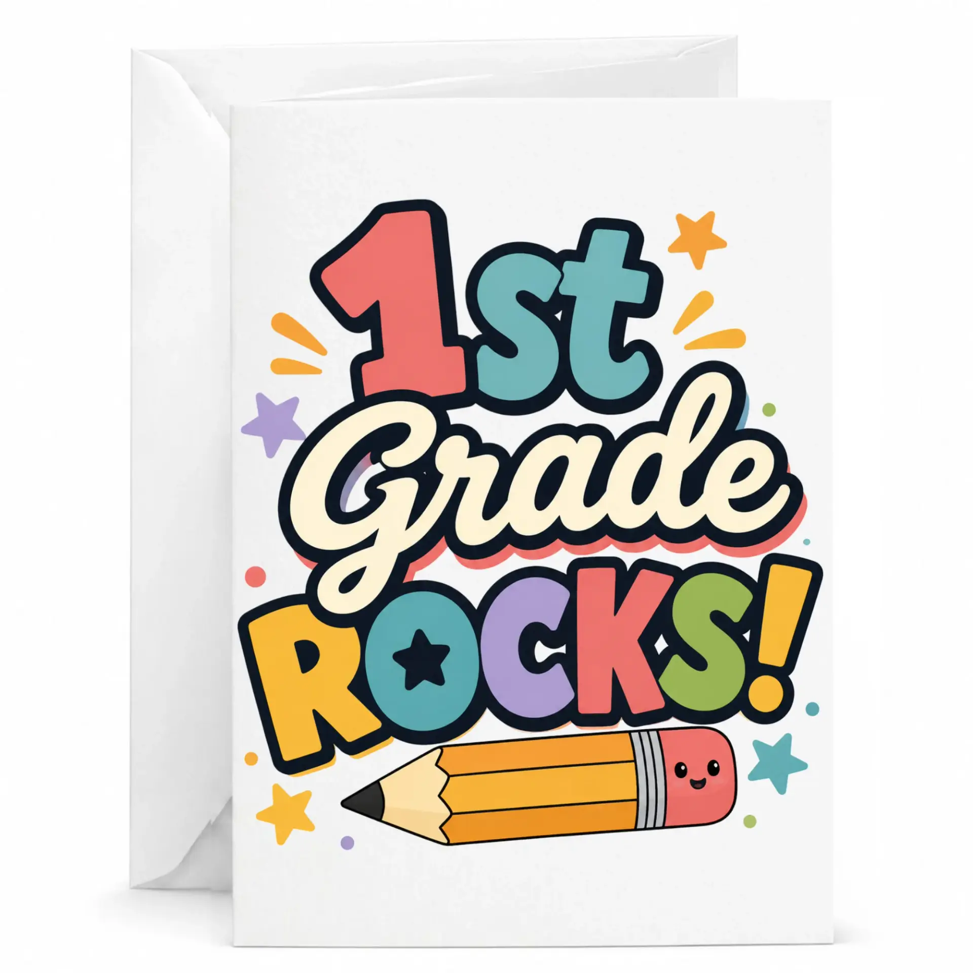 Greeting Card for First Milestone Featuring Colorful Retro Typography and Happy Pencil Illustration