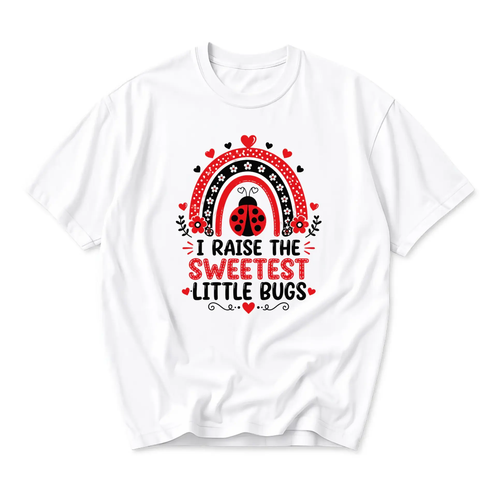 Graphic Tee I Raise the Sweetest Little Bugs Ladybug Rainbow Design Unisex Crew Neck Short Sleeve Cotton Casual Shirt