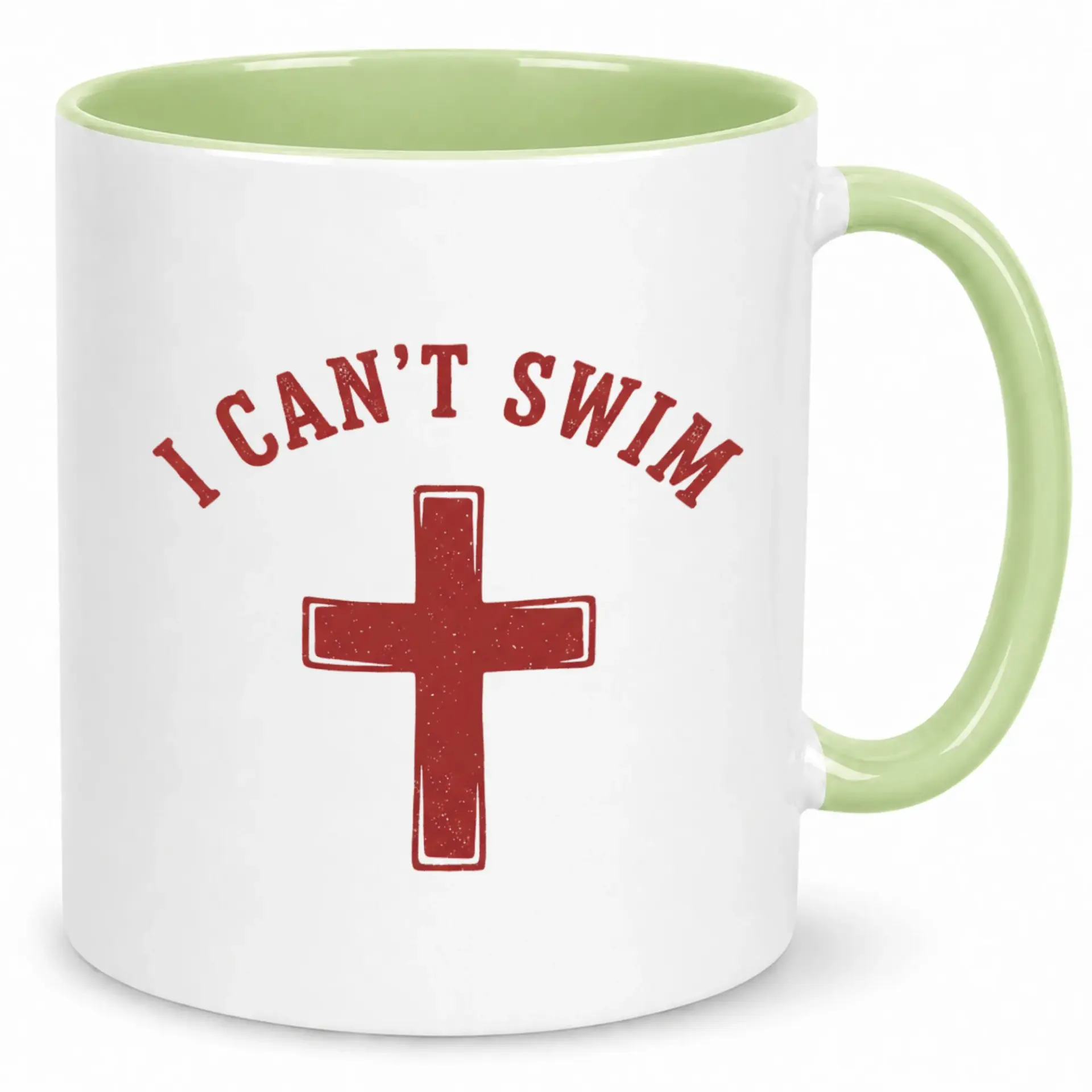 Funny Christian Cross I Can't Swim Ceramic Coffee Mug, Inspirational Religious Humor Tea Cup, Unique Faith-Based Beverage Gift