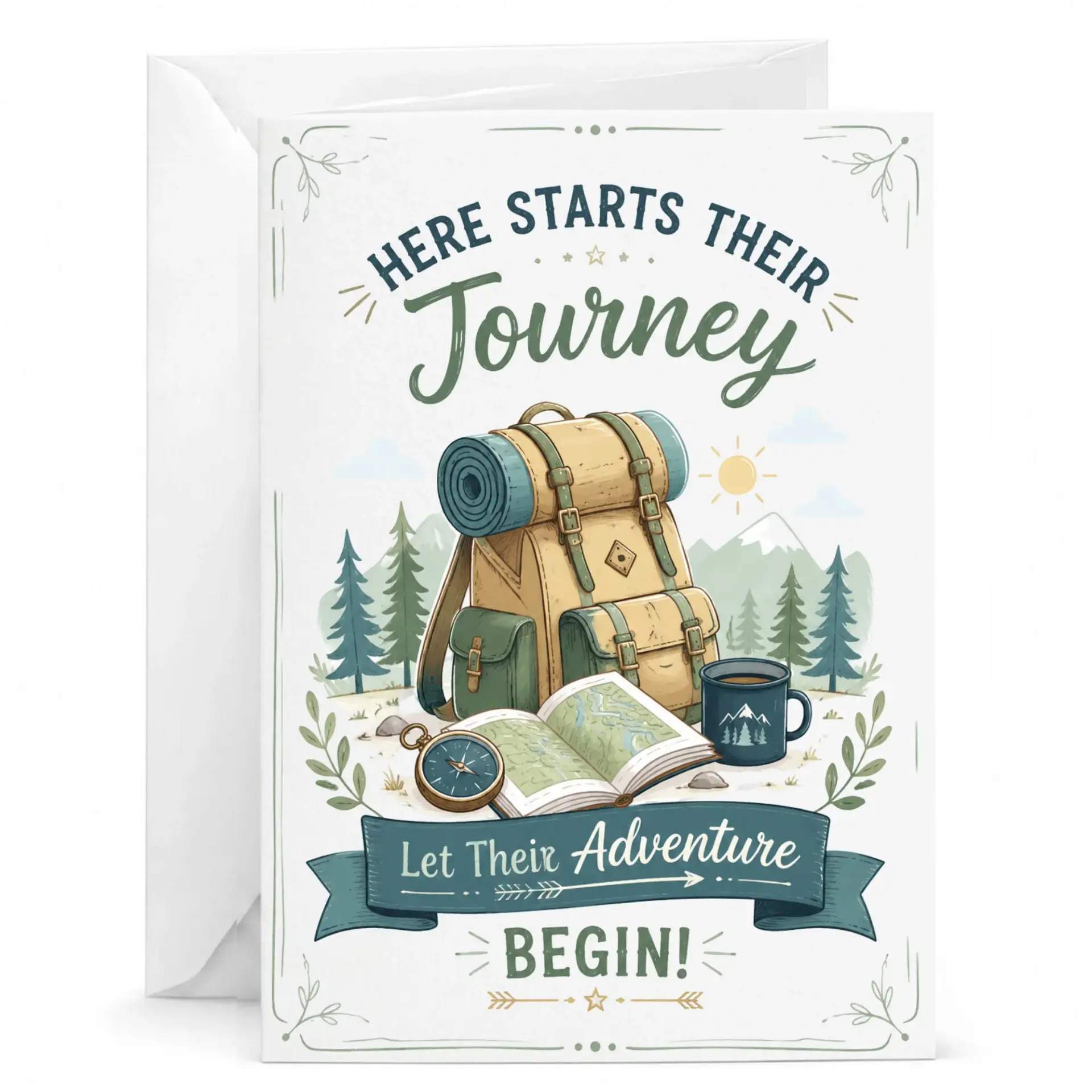 Greeting Card Here Starts Their Let Adventure Begin Illustrated Travel Theme with Envelope