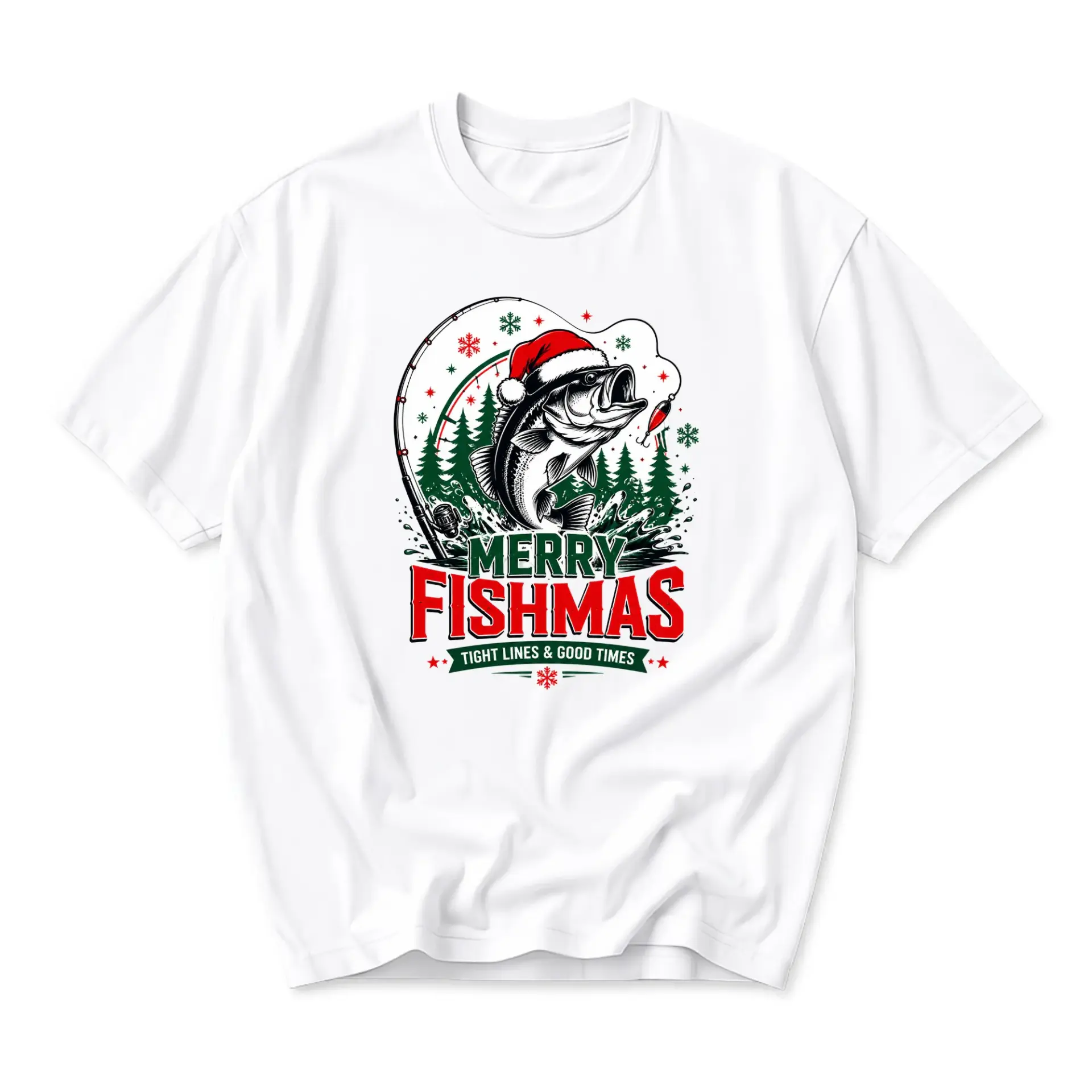 Funny Shirt Merry Fishmas Tight Lines Good Times Graphic Tee Holiday Fisherman Gift Unisex Casual Crew Neck T-Shirt