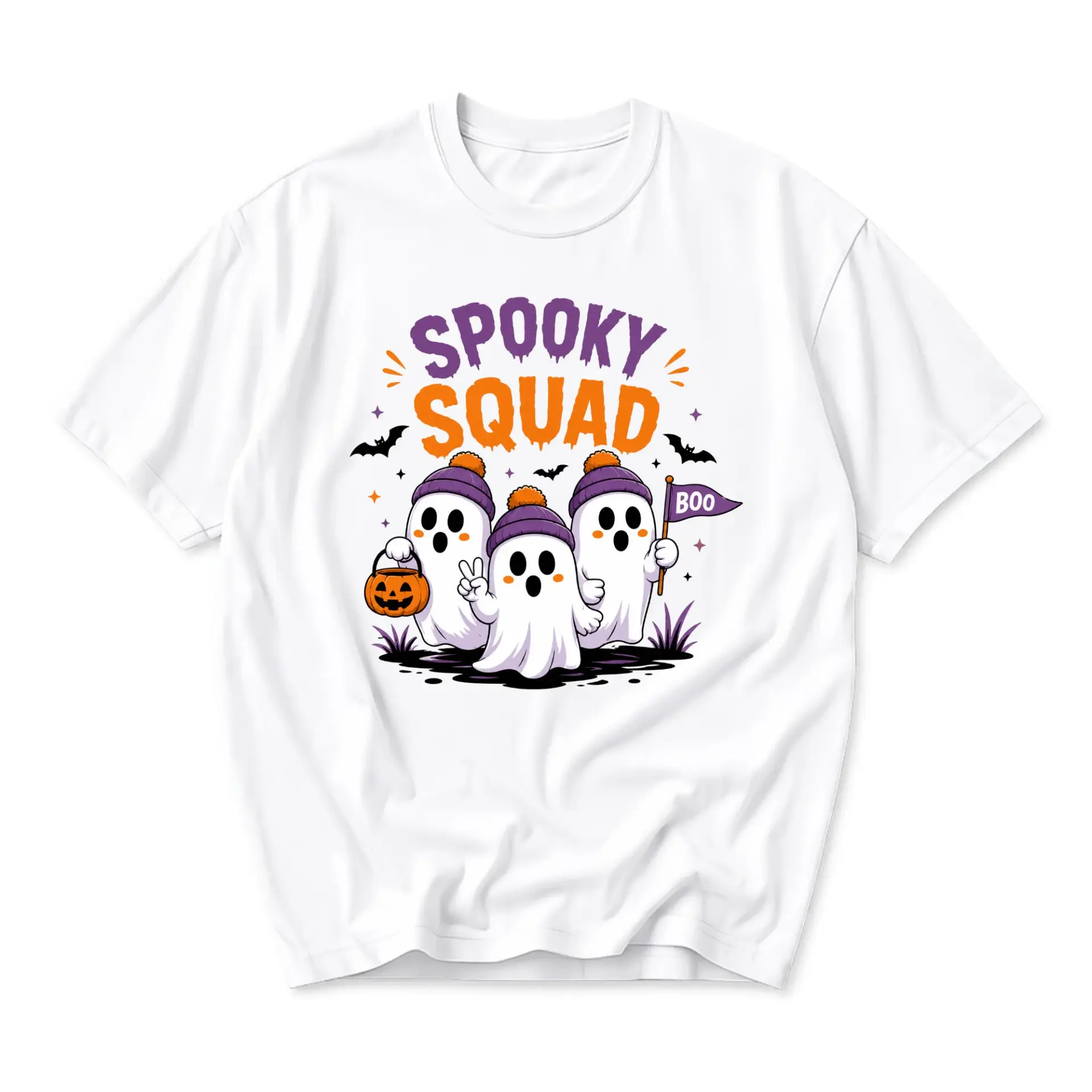 T-shirt Spooky Squad Ghost Graphic Tee Cute Halloween Casual Top for Adults White Crew Neck Holiday Apparel for Men Women