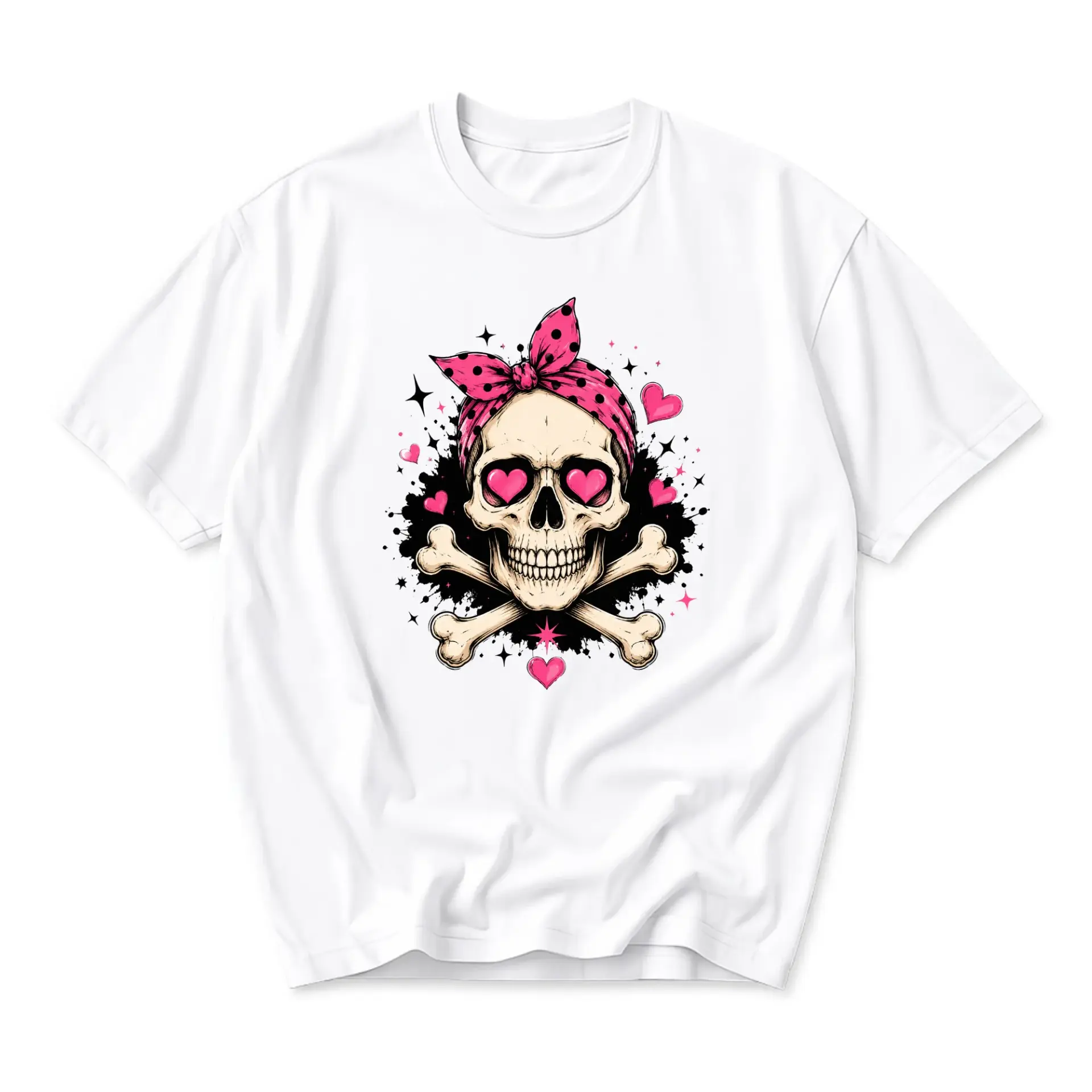 Graphic Tee Skull with Pink Polka Dot Headband and Heart Eyes Unisex Casual Short Sleeve Crew Neck Cotton Shirt