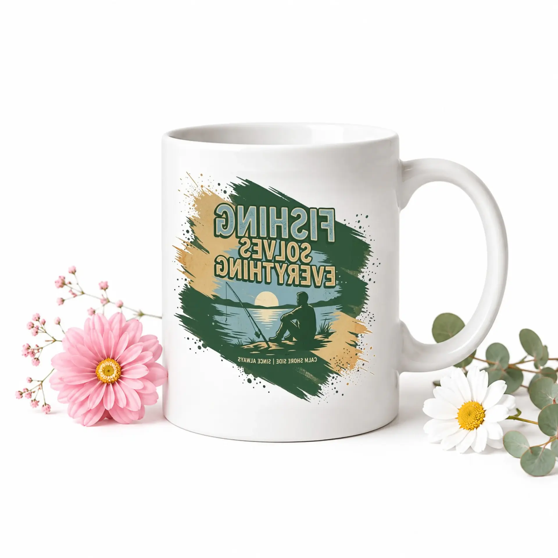 Fishing Solves Everything Two Ceramic Mug for Anglers and Nature Enthusiasts Featuring Relaxing Design