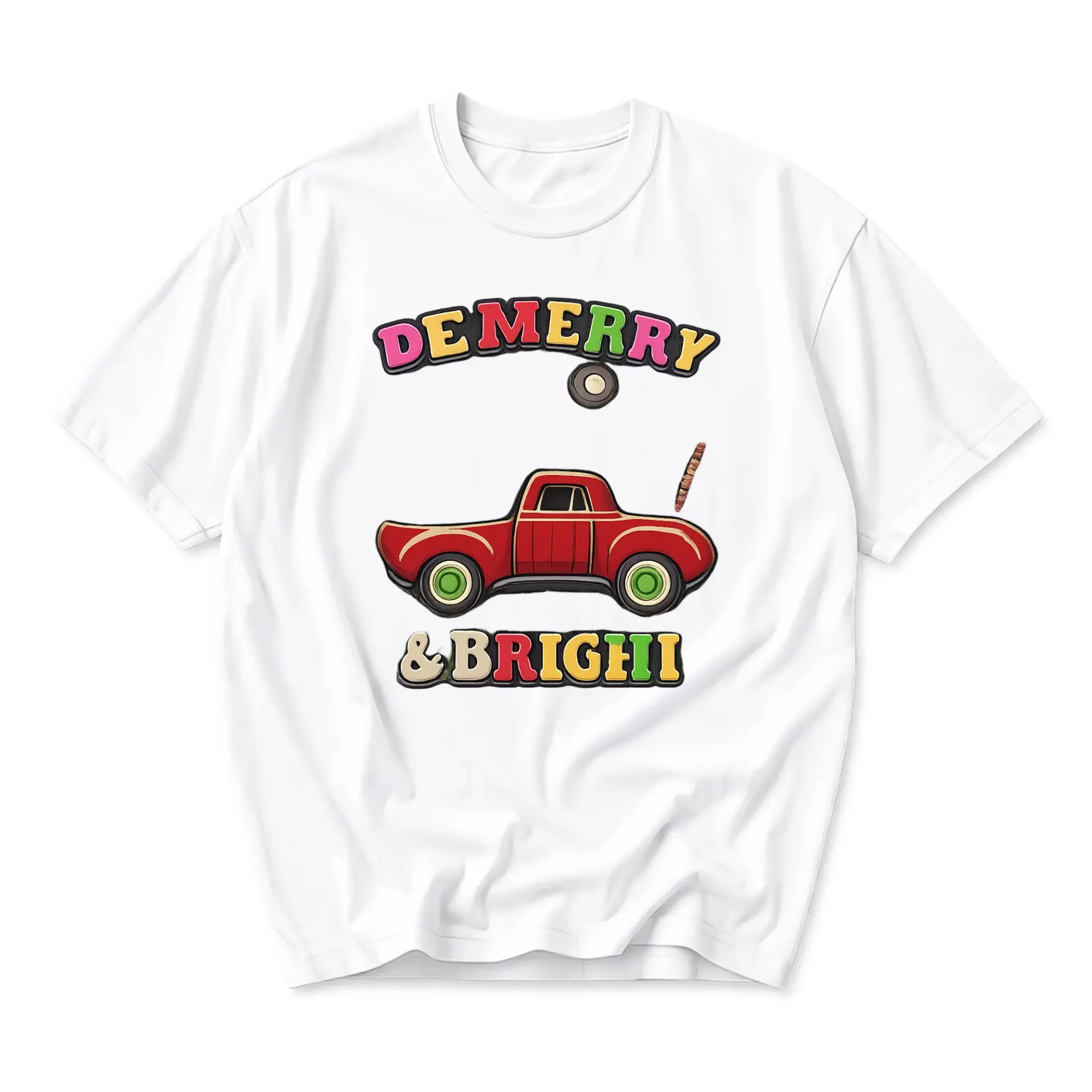 Funny Shirt Merry and Bright Red Truck Graphic Tee Unisex Casual Crew Neck