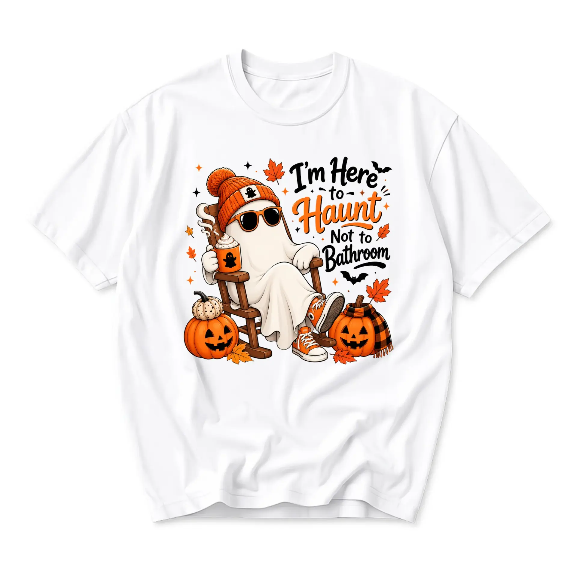 Funny Shirt I Am Here to Haunt Not to Bathroom Graphic Tee for Fall Season Casual Autumn Apparel Unisex Crew Neck