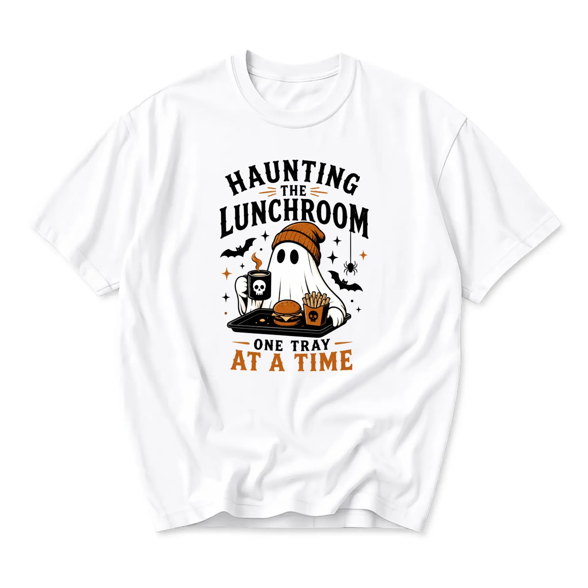 Funny Shirt Haunting the Lunchroom Ghost Graphic Tee Unisex Crew Neck Casual Everyday Wear Soft Cotton Blend White T-Shirt