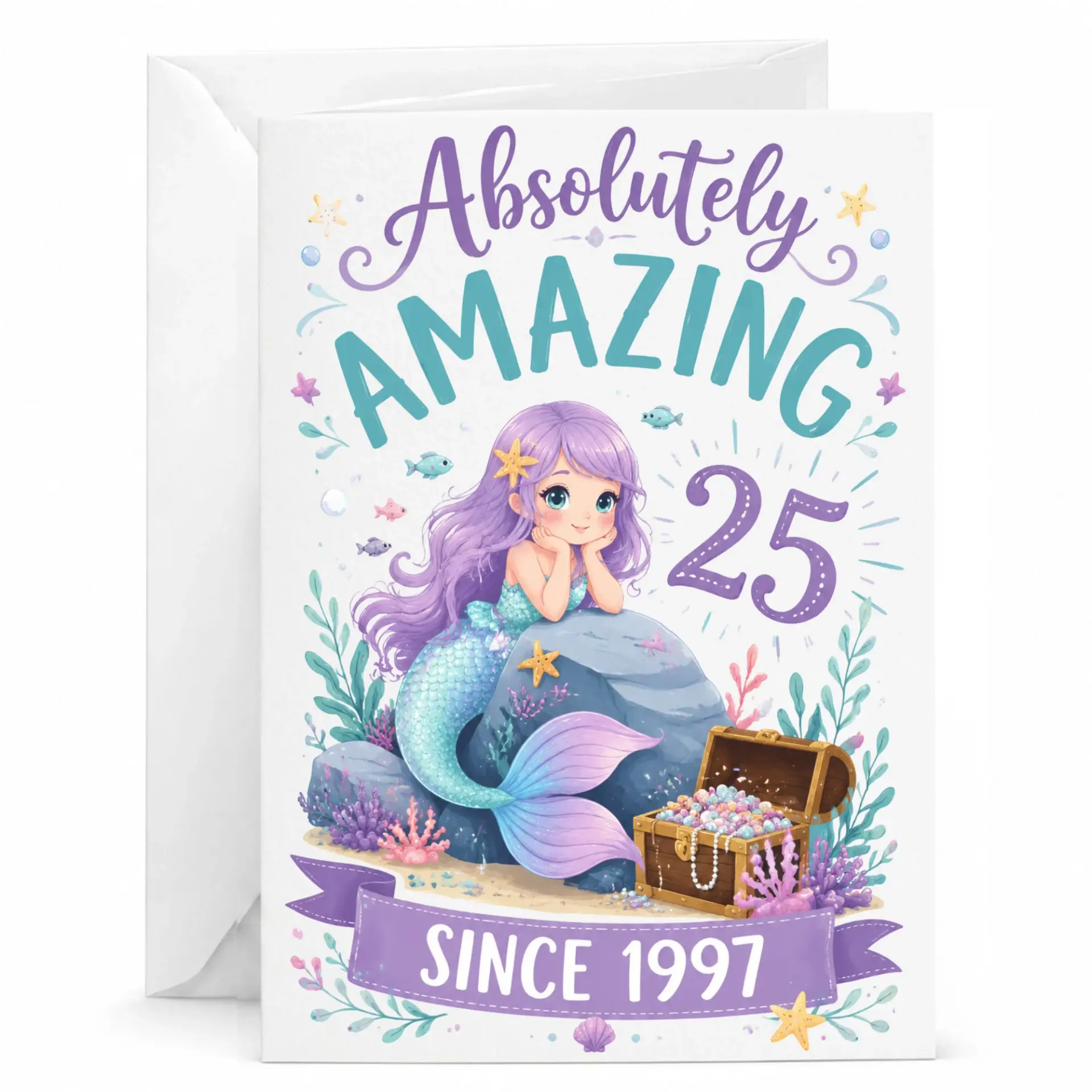 Birthday Card 25th Anniversary Greeting Card Featuring Cute Mermaid Underwater Theme for Milestone Celebration