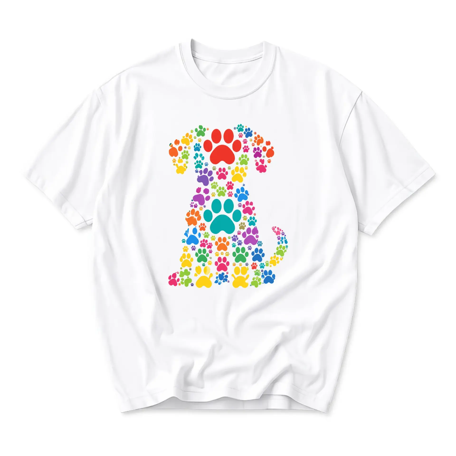 Graphic Tee Dog Lover Shirt Colorful Paw Print Pattern Unisex Casual Crew