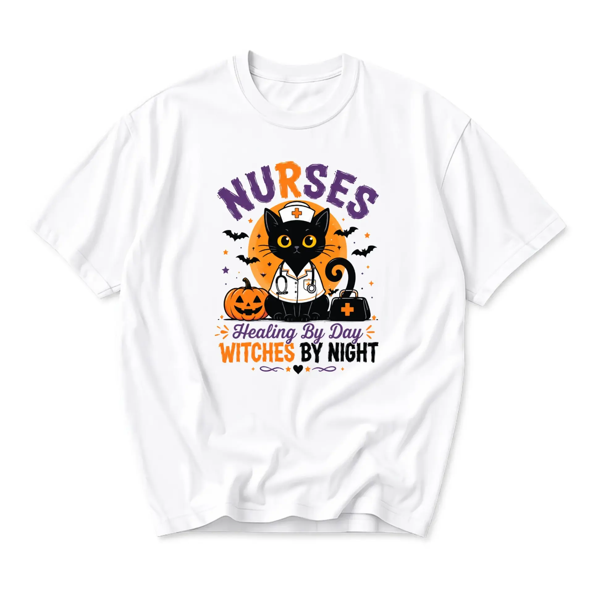 Graphic Tee Nurses Healing by Day Witches by Night Shirt Funny Medical Worker Costume Halloween Pumpkin Cat Apparel