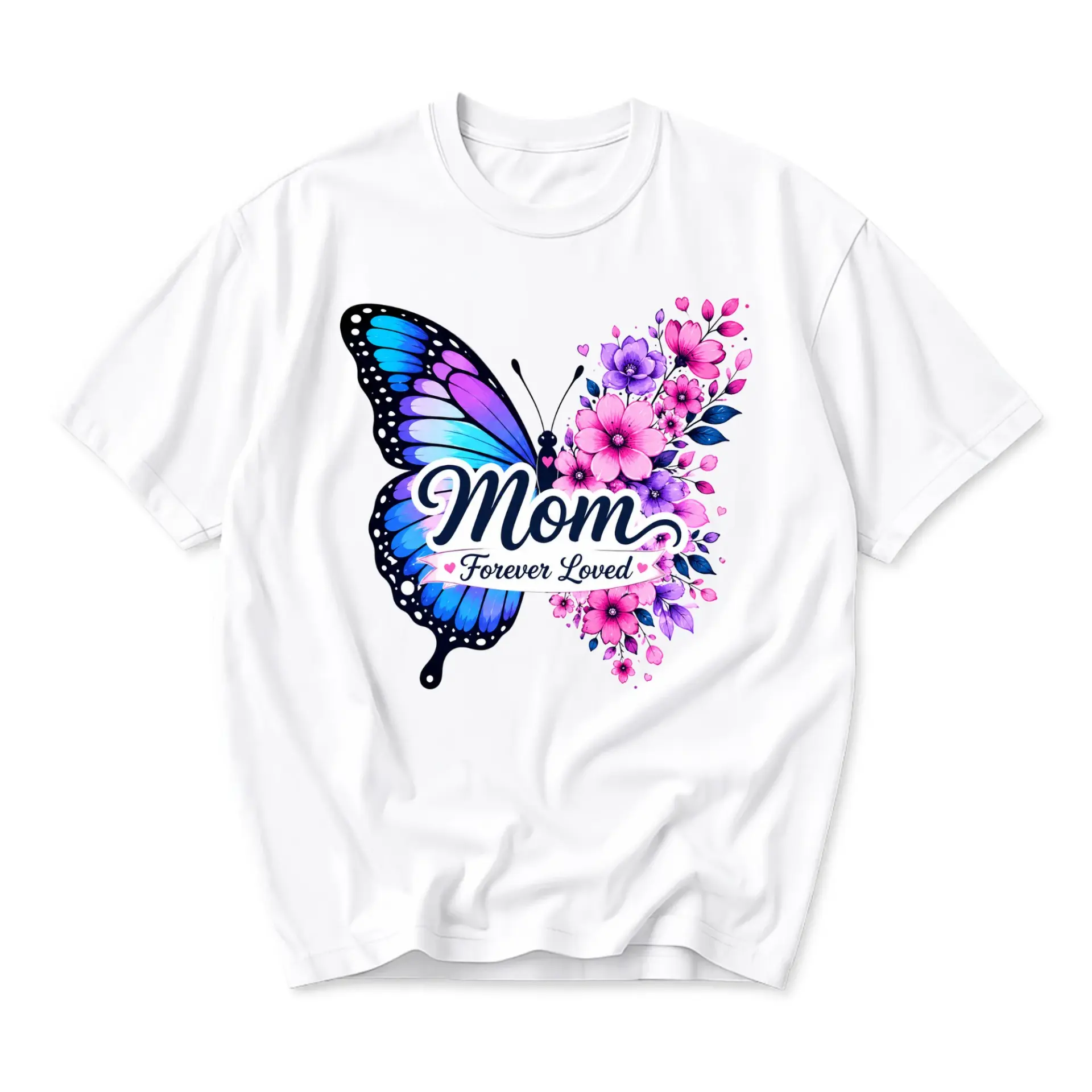 Graphic Tee Mom Forever Loved Butterfly Floral Art Print Unisex Crew Neck Casual Everyday Short Sleeve Cotton T-Shirt