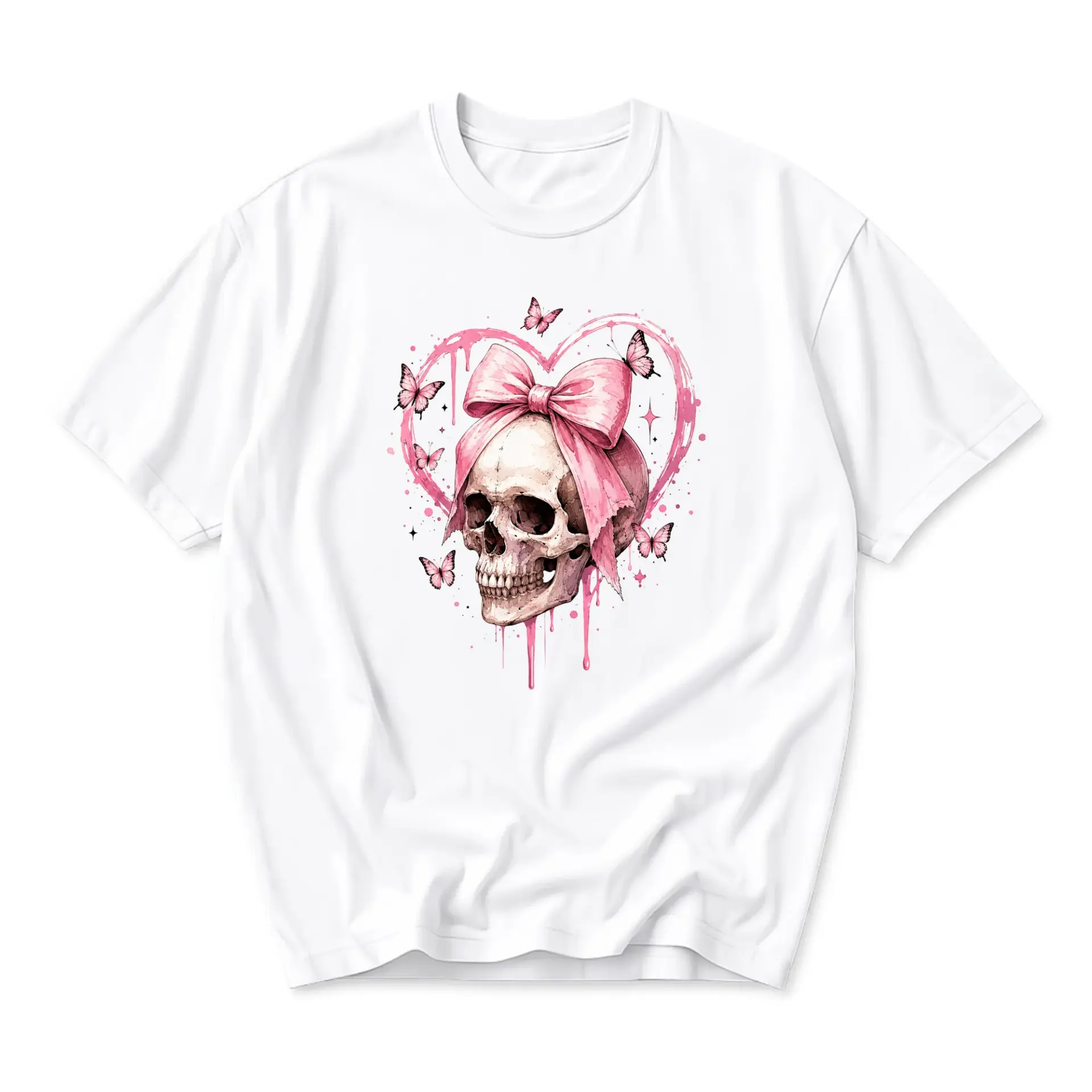 Graphic Tee Pink Bow Skull Heart Butterflies Aesthetic Unisex Crew Neck Casual Everyday Short Sleeve Cotton Blend Shirt