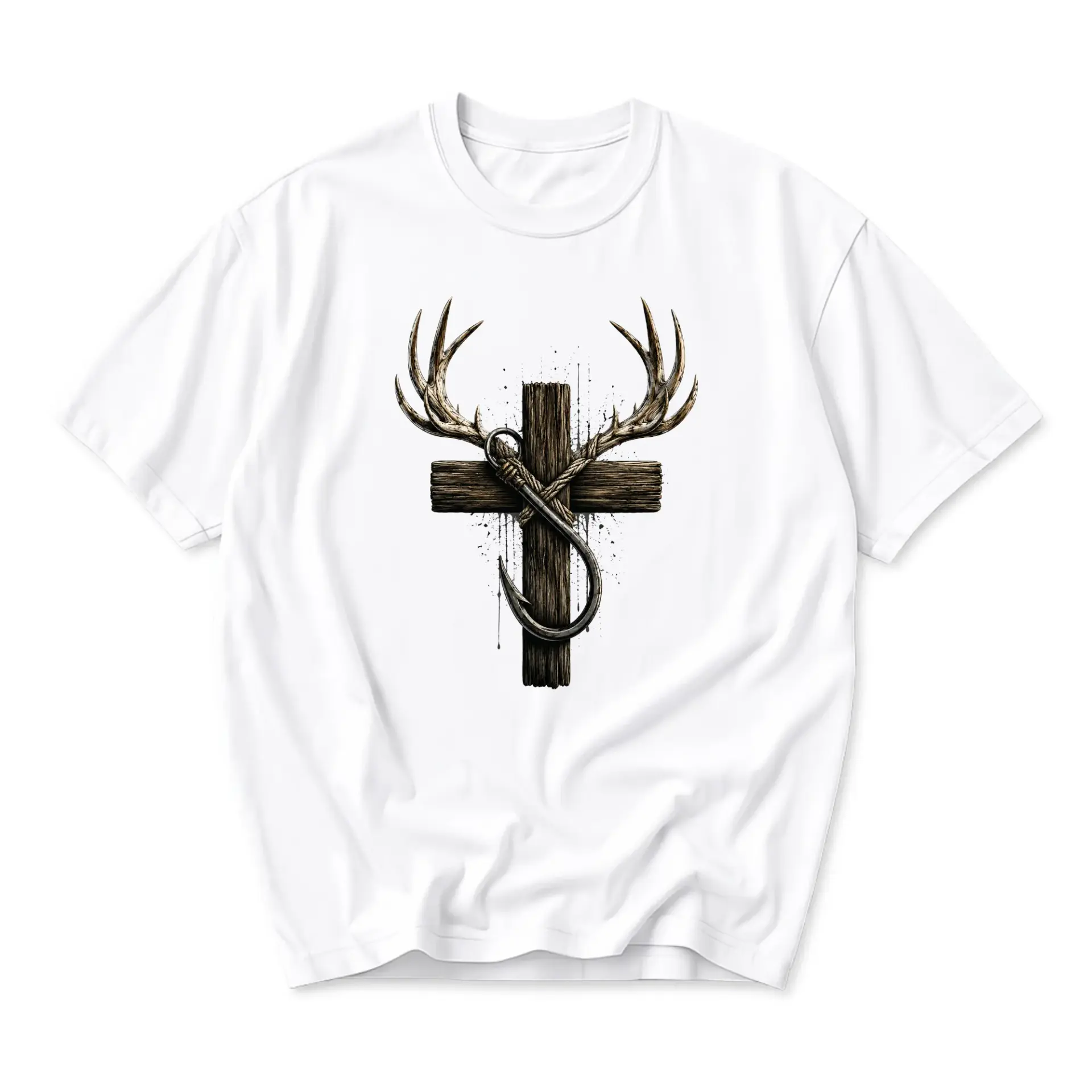 Graphic Tee Unisex Crew Neck Shirt Featuring Rustic Wooden Cross with Deer Antlers and Fishing Hook Art Design