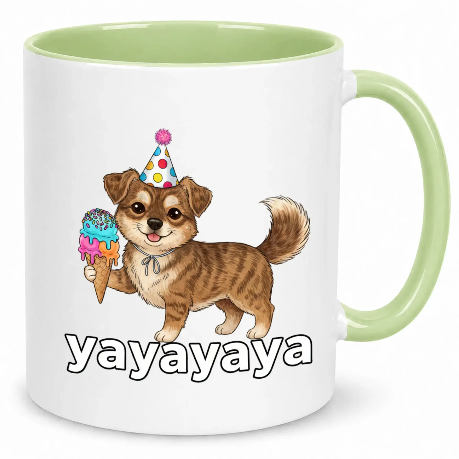 Funny Dog Birthday Party Ceramic Coffee Mug with Cute Cartoon Puppy Holding Ice Cream Cone and 'yayayaya' Design 11oz or 15oz Beverage Cup
