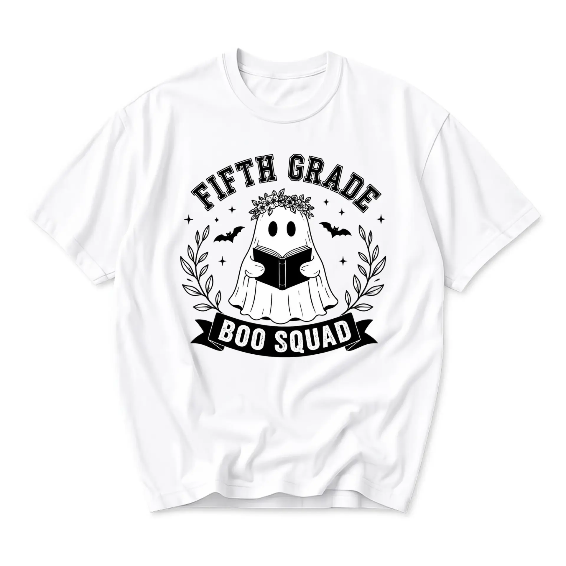 Graphic Tee Fifth Grade Boo Squad Ghost Reading Book Unisex Casual Crew Neck Soft Cotton Blend Short Sleeve Shirt