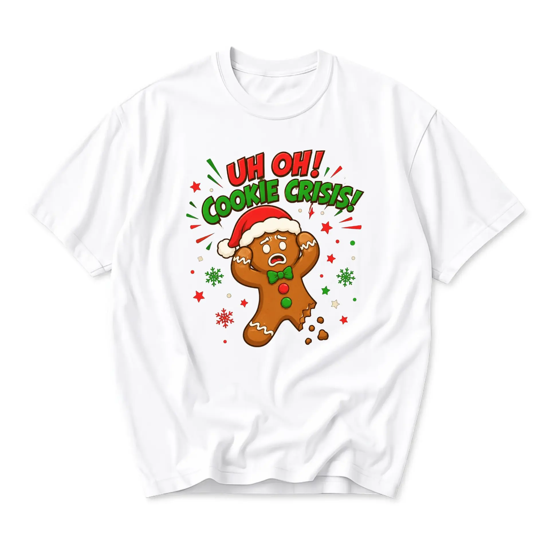 Funny Shirt Uh Oh Cookie Crisis Gingerbread Man Graphic Tee Casual Holiday Season Short Sleeve Cotton Blend Top