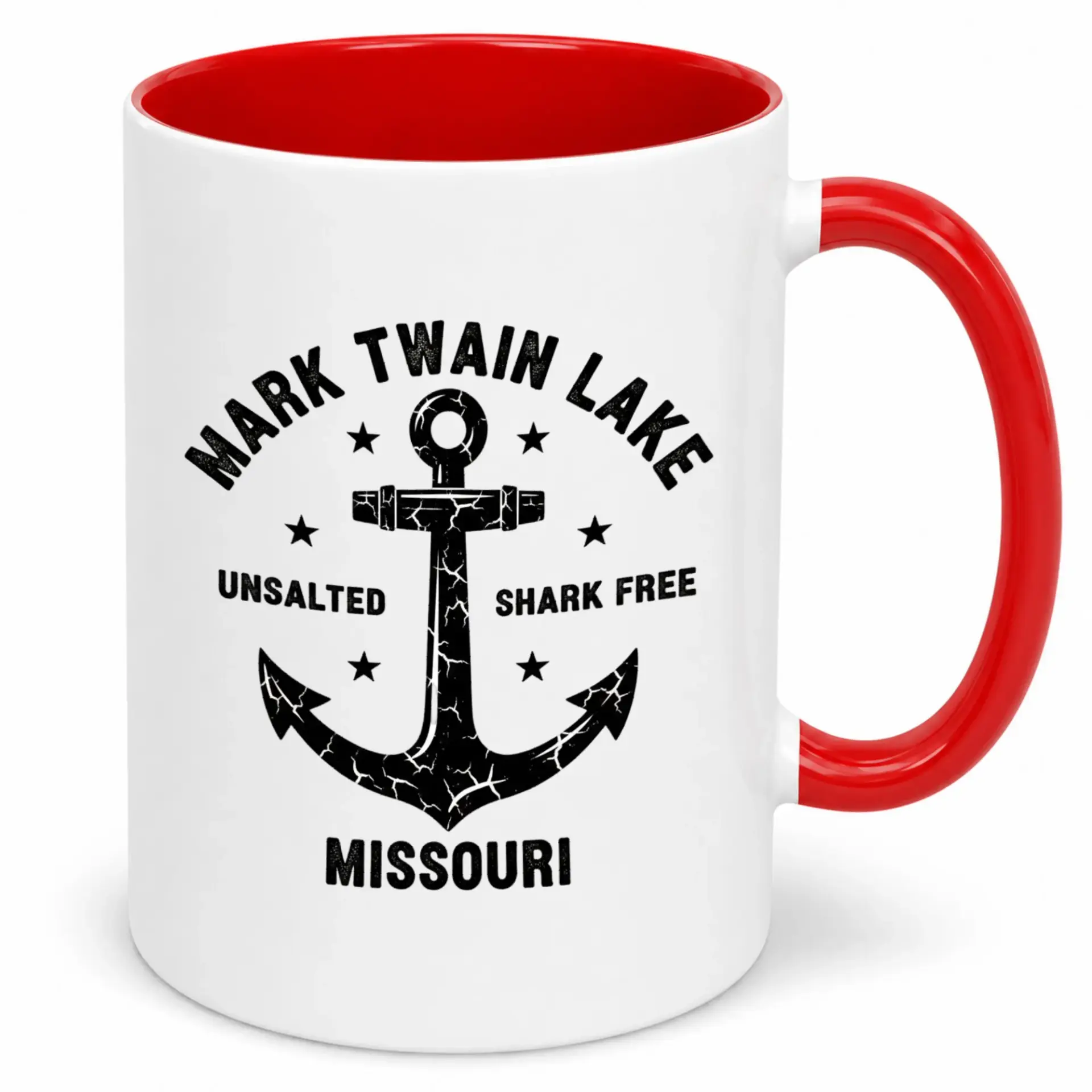 Coffee Mug, Mark Twain Lake Missouri Design, Unsalted Shark Free Lake Enthusiast Ceramic Cup, Funny Vacation Souvenir Gift for Boaters and Fishermen