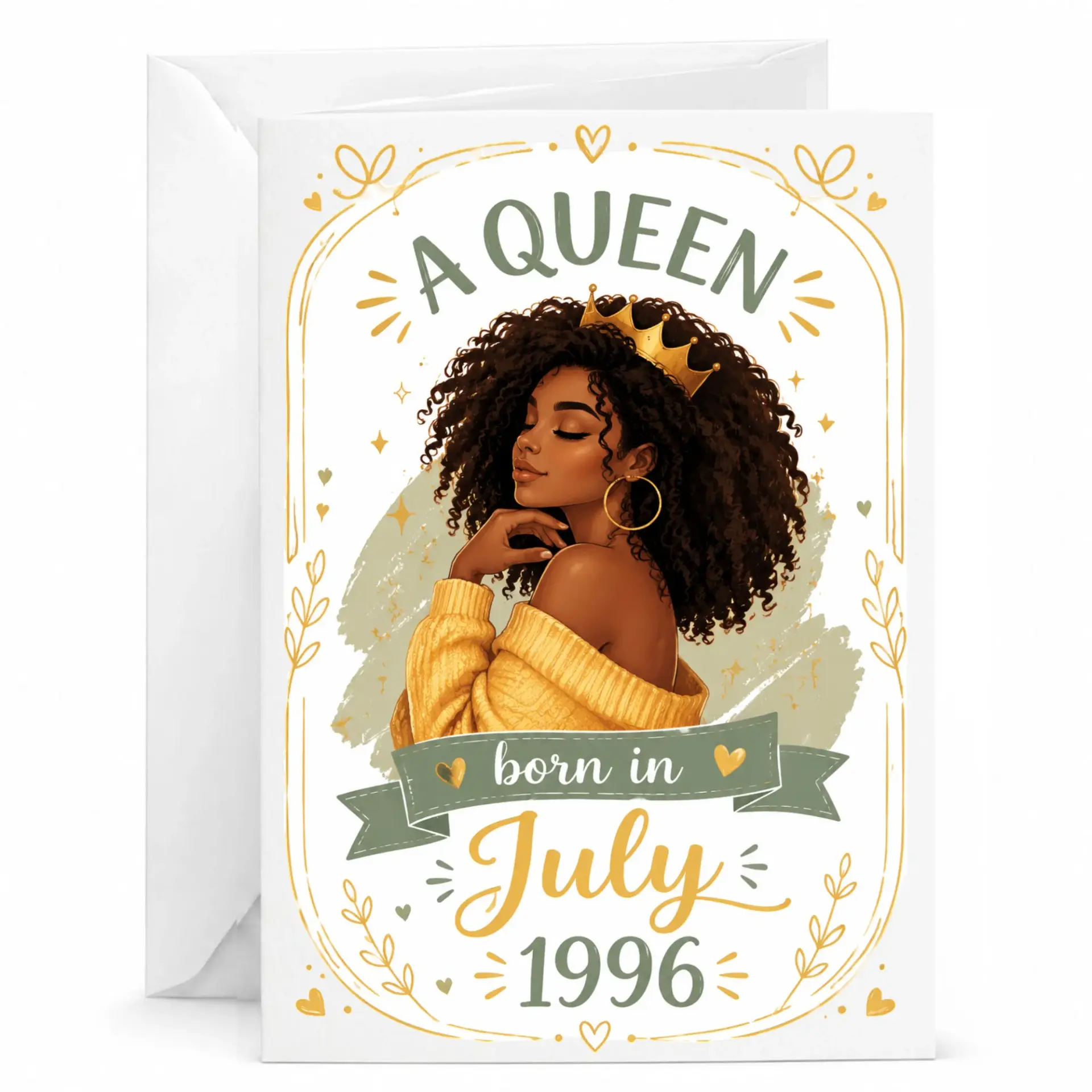 Greeting Card a Queen Born in July 1996 Birthday Card for Her Elegant Illustrative Design with Gold Crown and Curly Hair