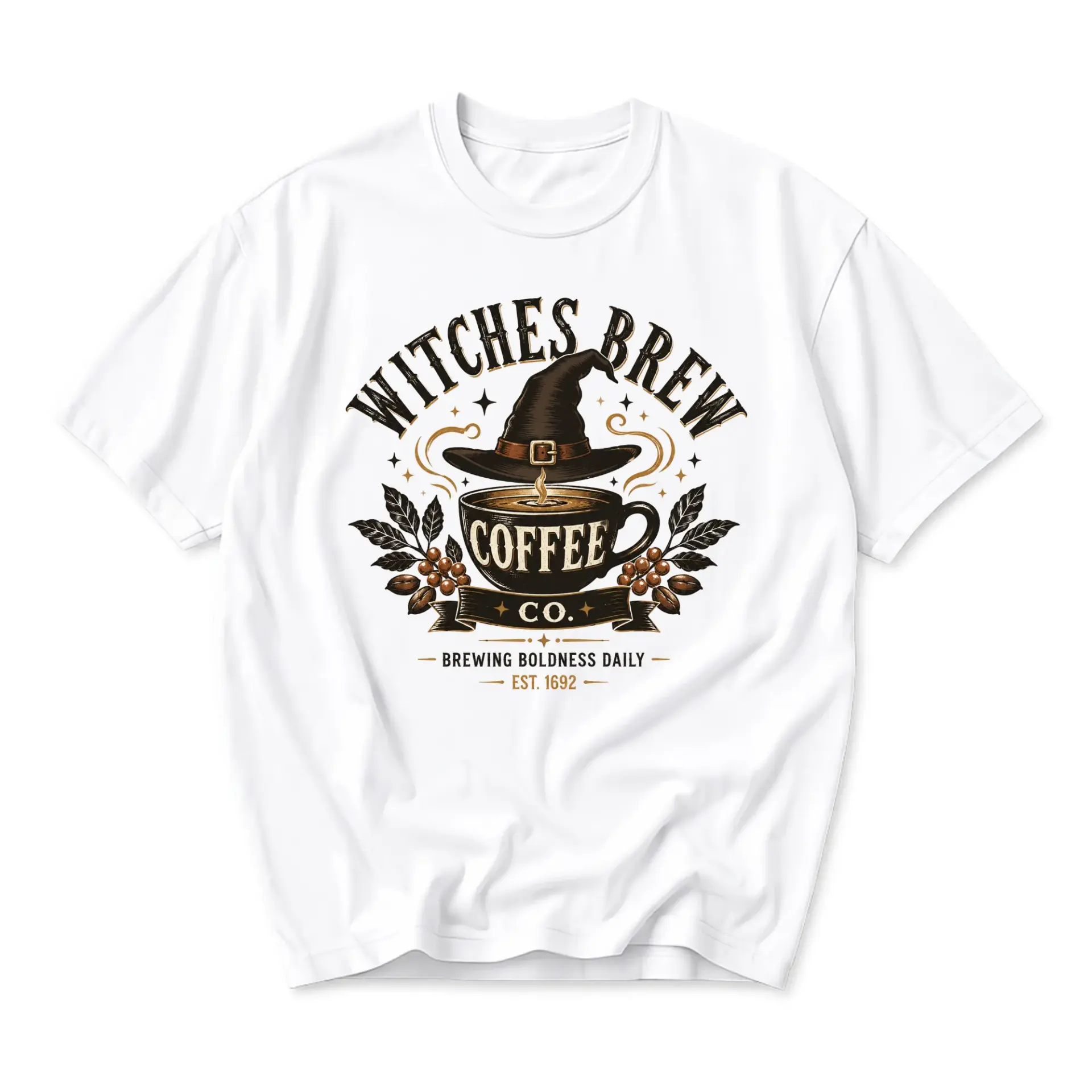 Graphic Tee Witches Brew Coffee Co Unisex Crew Neck Shirt Featuring Magical Witch Hat Design for Everyday Casual Wear