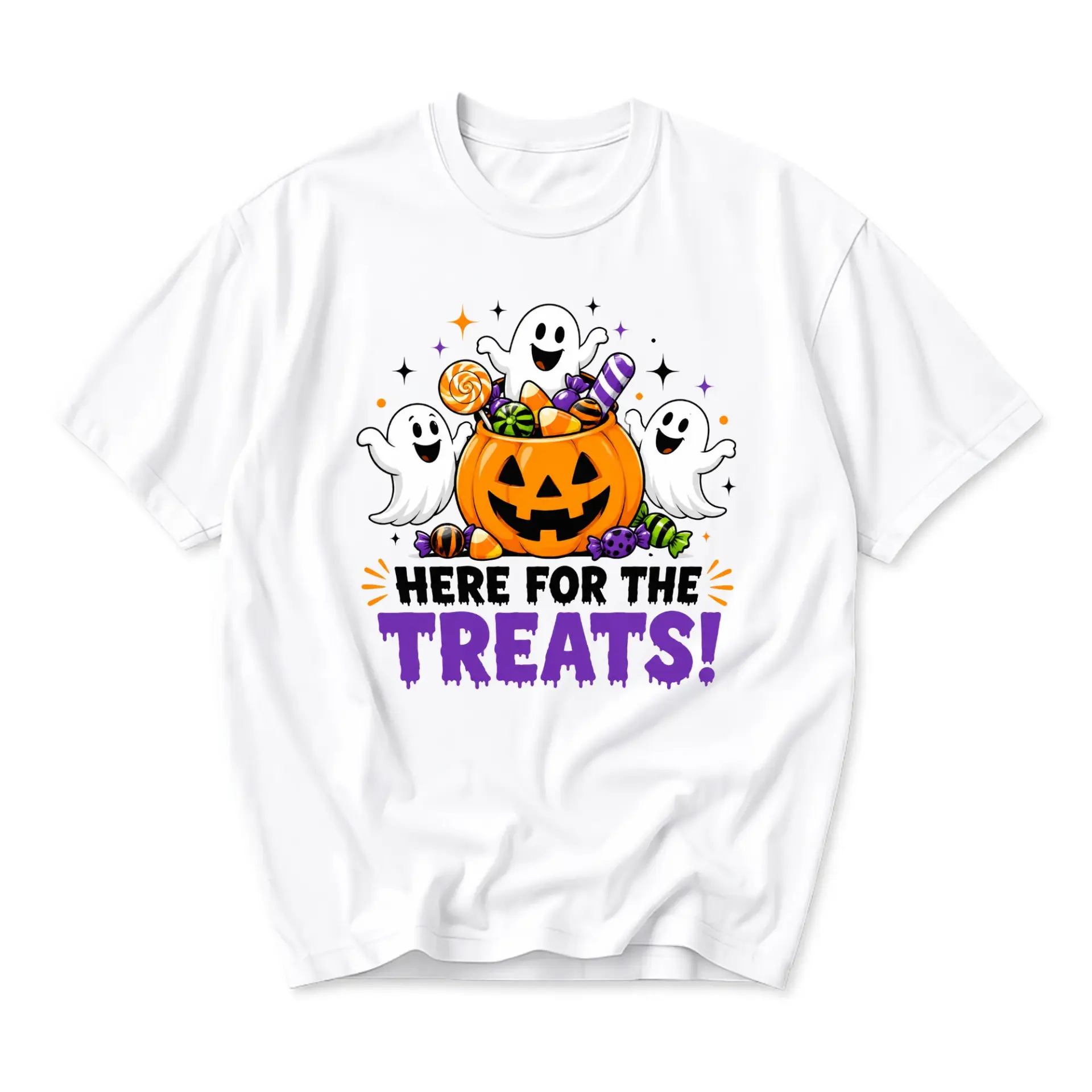 Graphic Tee Here for the Treats Halloween Pumpkin Ghost Unisex Cotton Crew Neck Casual Short Sleeve Apparel Shirt