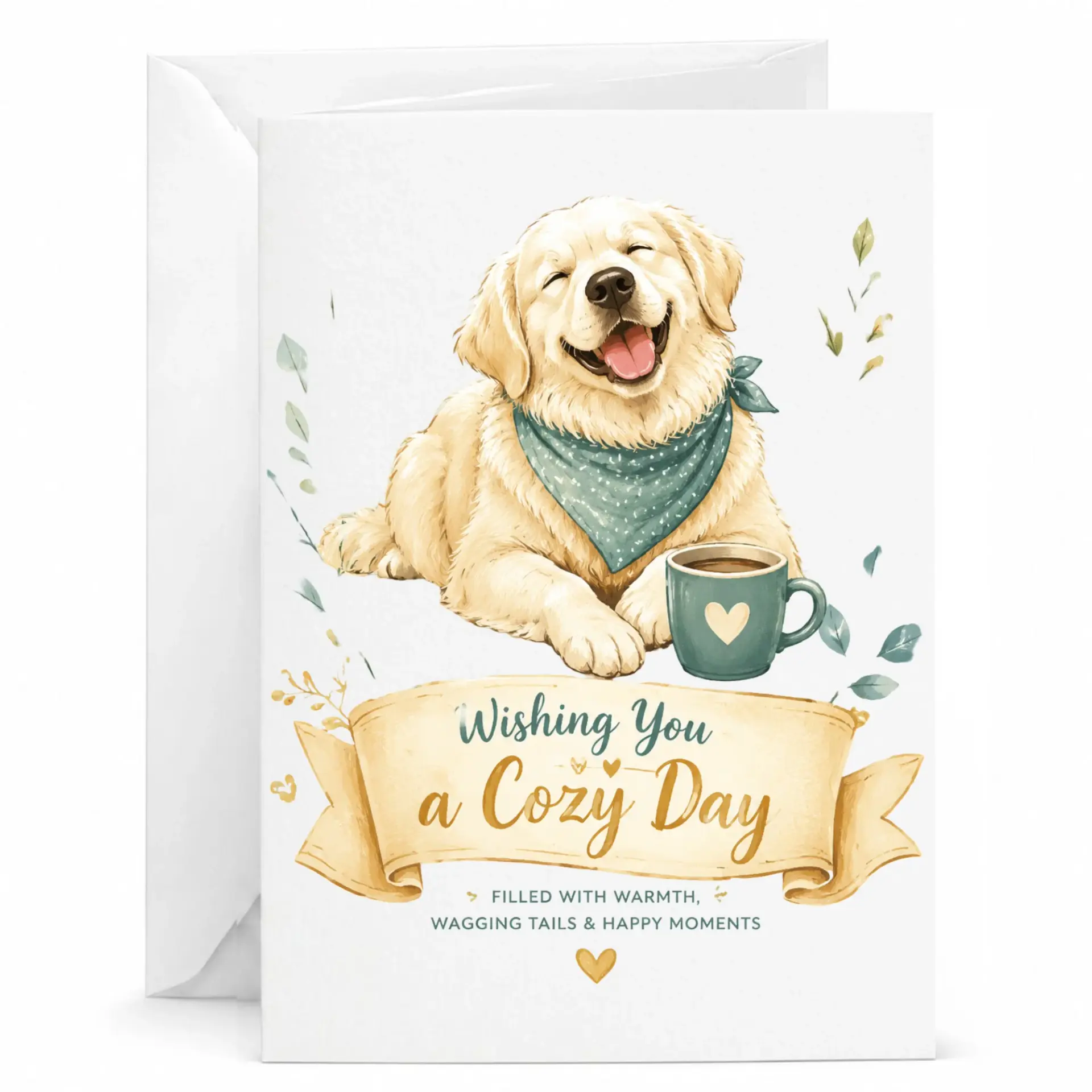 Greeting Card Featuring a Happy Dog with a Coffee Mug and Cozy Message for Special Occasions and Heartfelt Greetings