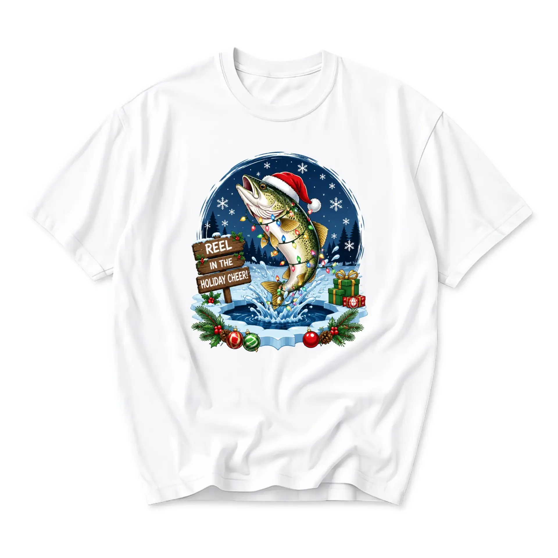 Funny Shirt Reel in the Holiday Cheer Fishing Graphic Tee Festive Fish Design Unisex Casual Crew Neck T-Shirt